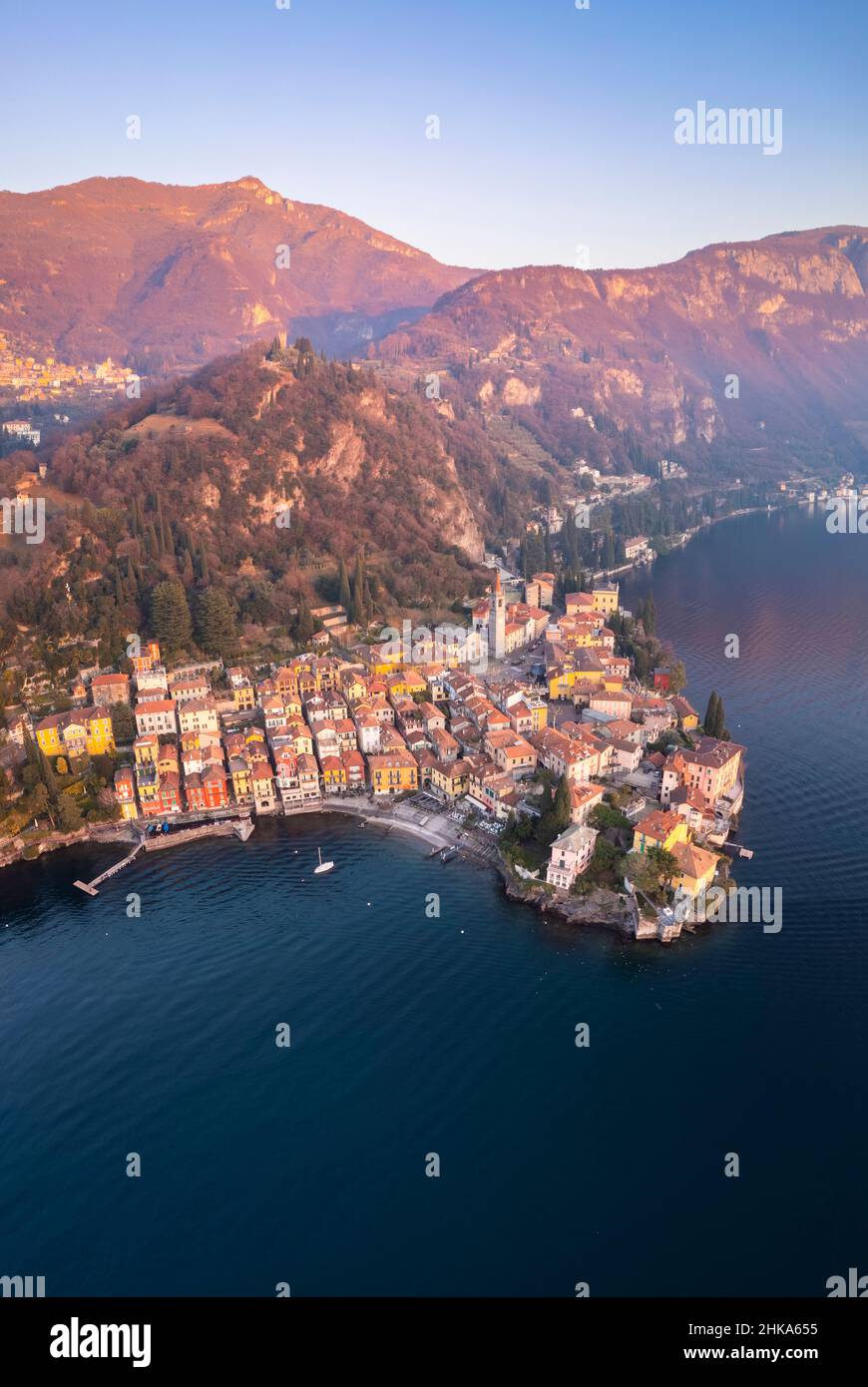 Aerial view of the town of Varenna, Lake Como, at sunset in winter