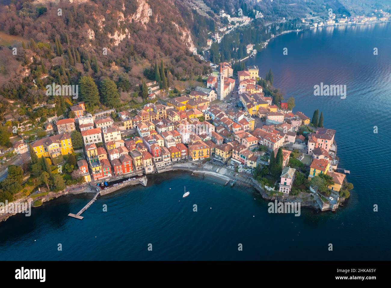 Aerial view of the town of Varenna, Lake Como, at sunset in winter