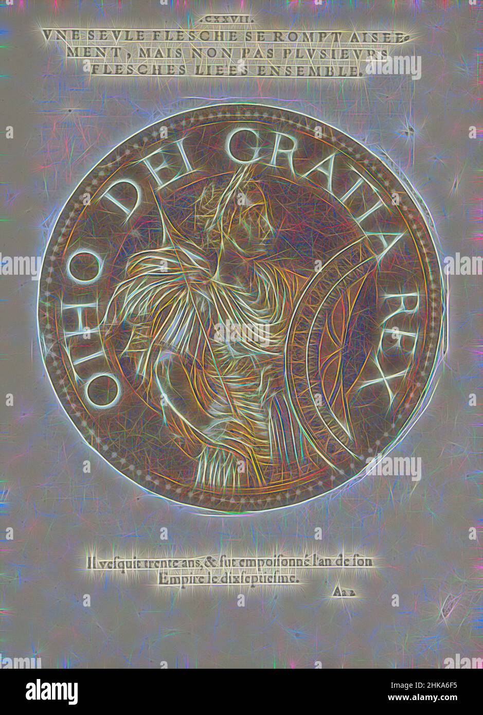 Inspired by Portrait of Emperor Otto IIILes images presque de tous les empereurs, Portrait of Emperor Otto III, on a coin with edge lettering. The print is part of a book on the emperors from Julius Caesar to Charles V and his brother Ferdinand., Joos Gietleughen, print maker: Hubert Goltzius, Reimagined by Artotop. Classic art reinvented with a modern twist. Design of warm cheerful glowing of brightness and light ray radiance. Photography inspired by surrealism and futurism, embracing dynamic energy of modern technology, movement, speed and revolutionize culture Stock Photo