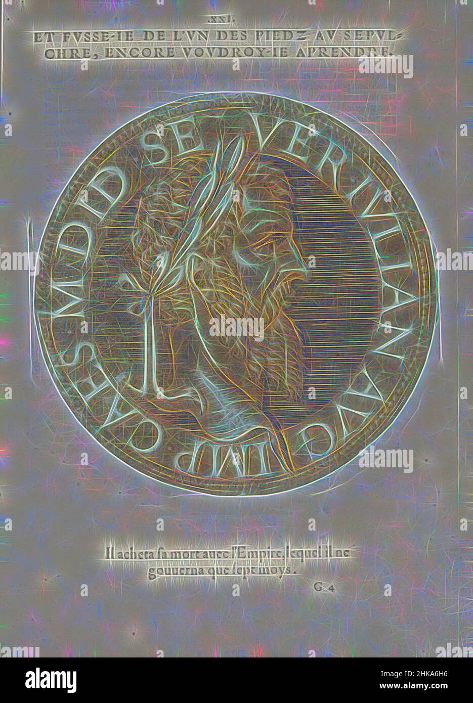 Inspired by Portrait of Emperor Didius Julianus, Les images presque de tous les empereurs, Portrait of Emperor Didius Julianus, on a coin with edge lettering. The print is part of a book on the emperors from Julius Caesar to Charles V and his brother Ferdinand., Joos Gietleughen, print maker: Hubert, Reimagined by Artotop. Classic art reinvented with a modern twist. Design of warm cheerful glowing of brightness and light ray radiance. Photography inspired by surrealism and futurism, embracing dynamic energy of modern technology, movement, speed and revolutionize culture Stock Photo