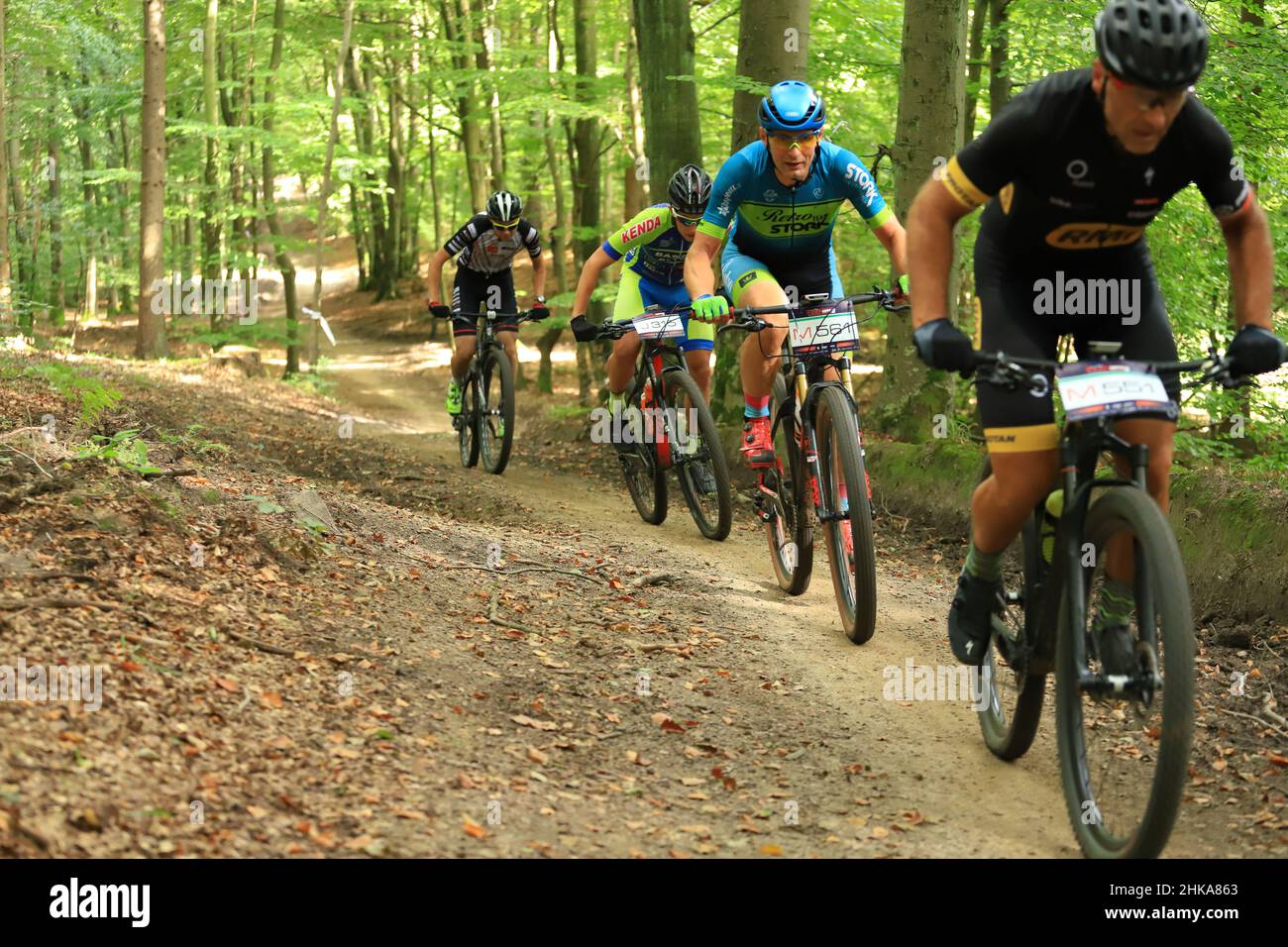 7R CST MTB Gdynia Marathon, Gdynia, Poland - 20 Sep 2020: XCM Polish Championship. The competitors racing along the forest roads of the Tricity Landsc Stock Photo