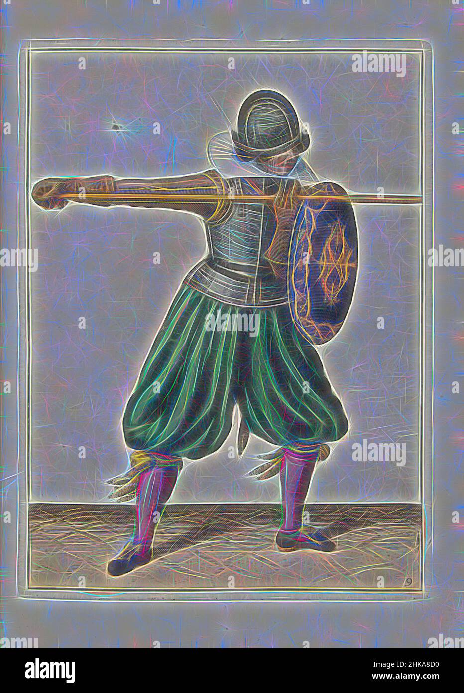 Inspired by The exercise with shield and spear: the soldier at three times brings the spear into position, third movement with the spear straight ahead (no. 9), 1618, The exercise with shield and spear: the soldier at three times brings the spear into position, third movement with the spear straight, Reimagined by Artotop. Classic art reinvented with a modern twist. Design of warm cheerful glowing of brightness and light ray radiance. Photography inspired by surrealism and futurism, embracing dynamic energy of modern technology, movement, speed and revolutionize culture Stock Photo