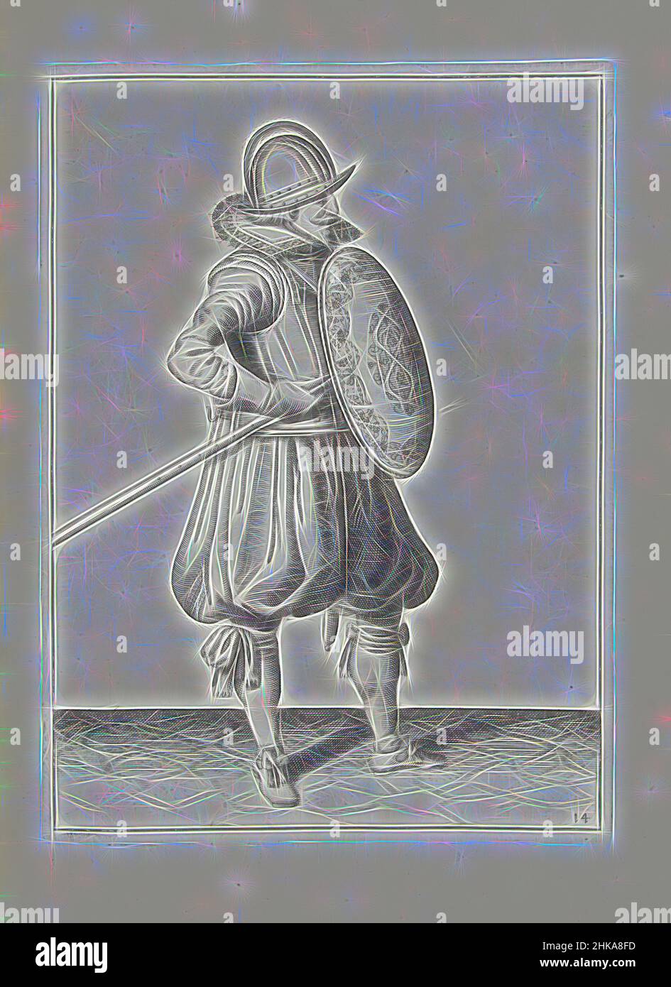 Inspired by The exercise with shield and spear: the soldier at two times brings the spear into position to drag, second movement (no. 14), 1618, De Nassausche Wapen-Handelinge, van Schilt, Spies, Rappier ende Targe : beyde figuerlick afgebeelt, ende gestelt na de nieuwe ordening [of, Adam van Breen, Reimagined by Artotop. Classic art reinvented with a modern twist. Design of warm cheerful glowing of brightness and light ray radiance. Photography inspired by surrealism and futurism, embracing dynamic energy of modern technology, movement, speed and revolutionize culture Stock Photo