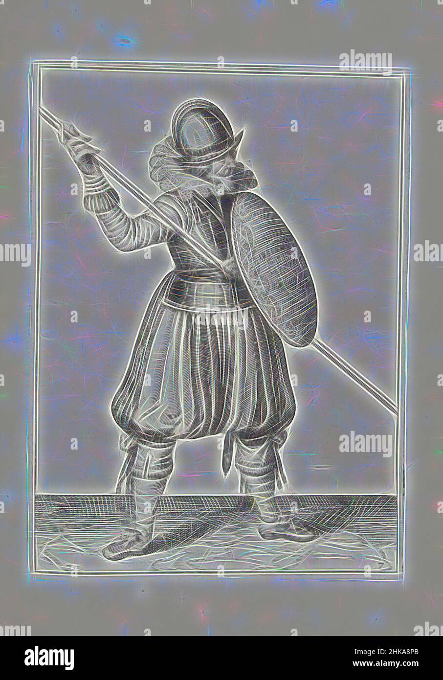 Inspired by The exercise with shield and spear: the soldier brings in three times the spear into position, first movement (no. 7), 1618, De Nassausche Wapen-Handele, van Schilt, Spies, Rappier ende Targe : beyde figuerlick afgebeelt, ende gestelt na de nieuwe ordening [of, Adam van Breen, print maker, Reimagined by Artotop. Classic art reinvented with a modern twist. Design of warm cheerful glowing of brightness and light ray radiance. Photography inspired by surrealism and futurism, embracing dynamic energy of modern technology, movement, speed and revolutionize culture Stock Photo