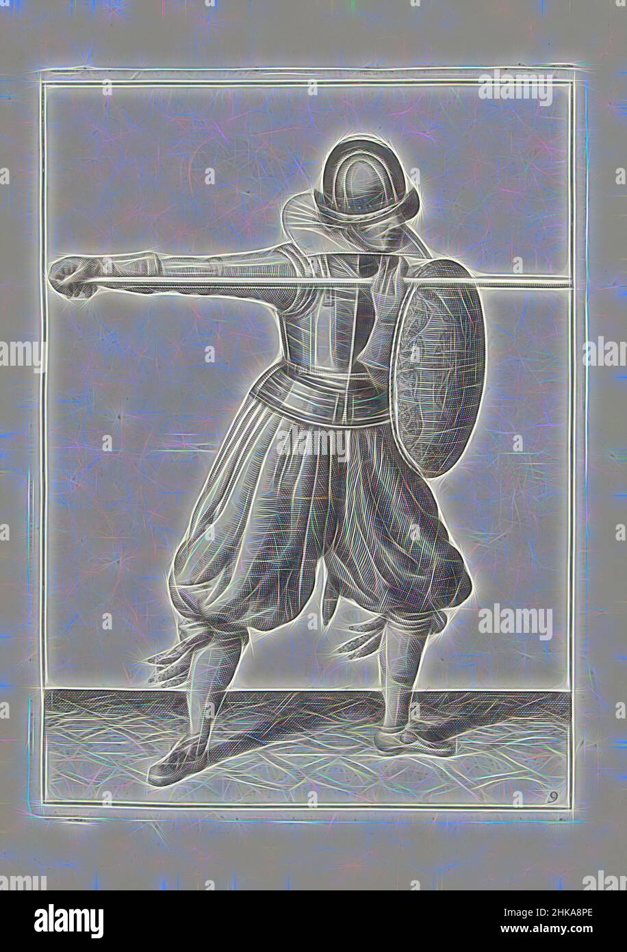 Inspired by The exercise with shield and spear: the soldier brings the spear into position in three times, third movement with the spear straight ahead (nr. 9), 1618, De Nassausche Wapen-Handelinge, van Schilt, Spies, Rappier ende Targe : beyde figuerlick afgebeelt, ende gestelt na de nieuwe ordening, Reimagined by Artotop. Classic art reinvented with a modern twist. Design of warm cheerful glowing of brightness and light ray radiance. Photography inspired by surrealism and futurism, embracing dynamic energy of modern technology, movement, speed and revolutionize culture Stock Photo