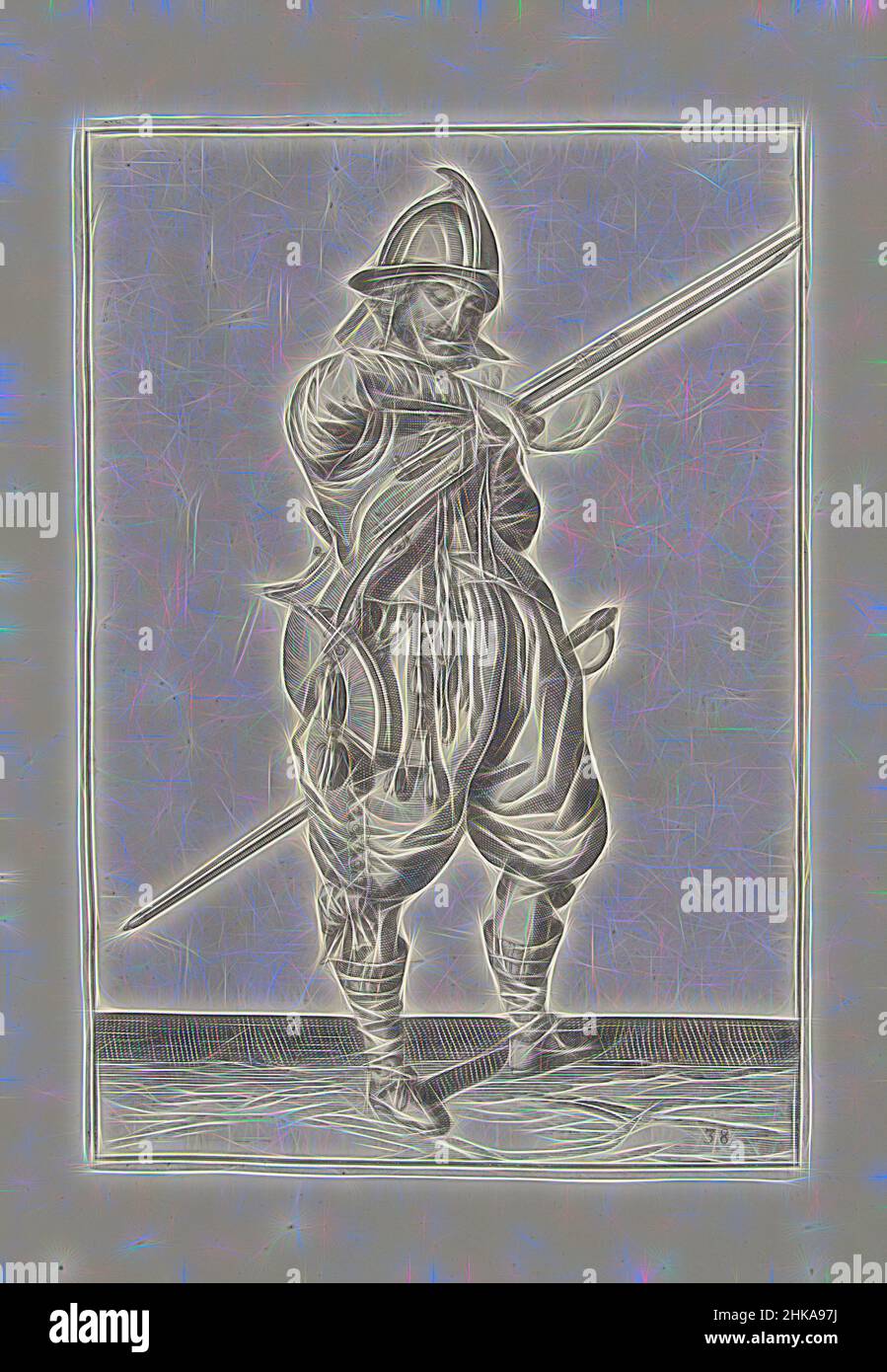 Inspired by Soldier on guard with a rudder grabbing his fuse (no. 38), c. 1600, A soldier on guard, full-length, to the right, holding a rudder (a particular type of firearm) with his left hand. In his left hand, in addition to the rudder, there is a burning fuse (no. 38), c. 1600. With his right, Reimagined by Artotop. Classic art reinvented with a modern twist. Design of warm cheerful glowing of brightness and light ray radiance. Photography inspired by surrealism and futurism, embracing dynamic energy of modern technology, movement, speed and revolutionize culture Stock Photo