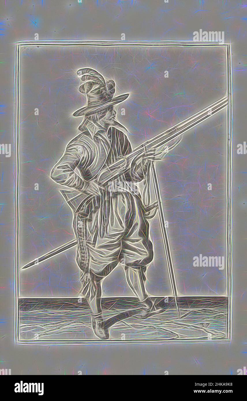 Inspired by Soldier on guard holding his musket by his right side angled upward, his finger on the trigger (no. 37), c. 1600, A soldier on guard, full-length, to the right, holding a musket (a certain type of firearm) by his right side, his right index finger on the trigger, his left hand around the, Reimagined by Artotop. Classic art reinvented with a modern twist. Design of warm cheerful glowing of brightness and light ray radiance. Photography inspired by surrealism and futurism, embracing dynamic energy of modern technology, movement, speed and revolutionize culture Stock Photo