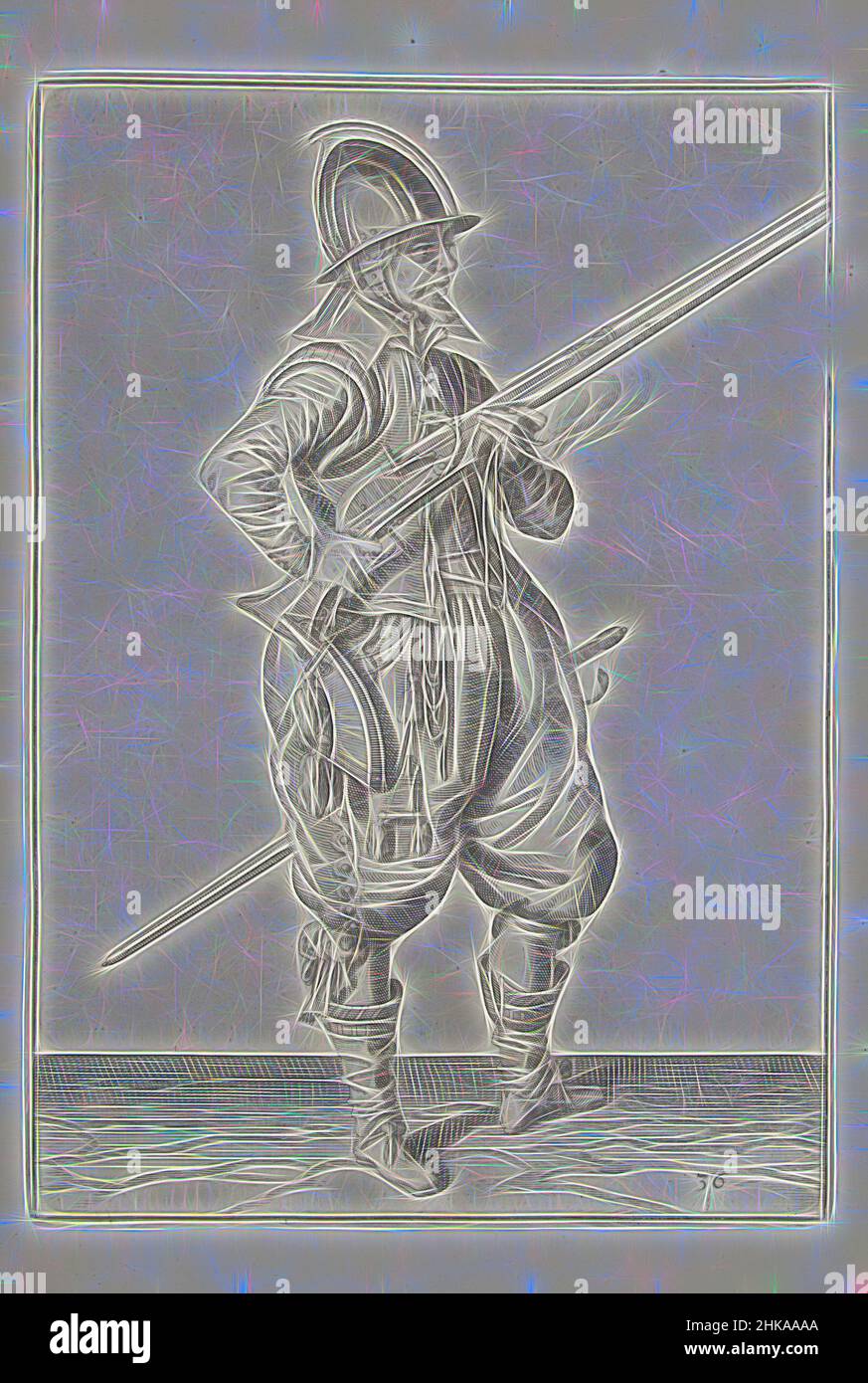 Inspired by Soldier on guard holding his rudder by his right side angled upward, his finger on the trigger (no. 36), c. 1600, A soldier on guard, full-length, to the right, holding a rudder (a certain type of firearm) with both hands by his right side, his right index finger on the trigger, the, Reimagined by Artotop. Classic art reinvented with a modern twist. Design of warm cheerful glowing of brightness and light ray radiance. Photography inspired by surrealism and futurism, embracing dynamic energy of modern technology, movement, speed and revolutionize culture Stock Photo