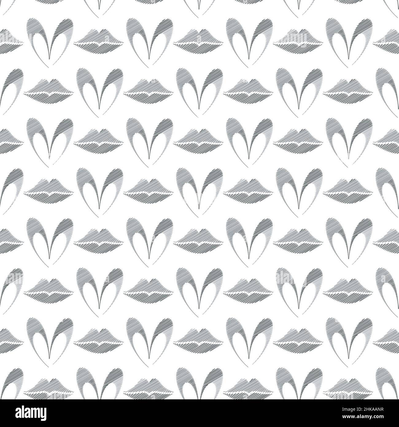 Heart, Lips seamless pattern. Embroidery hand made stitched style cartoon illustration, grey tones color palette. White easy editable background Stock Vector
