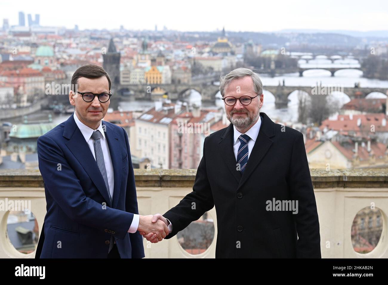 Prague, Czech Republic. 03rd Feb, 2022. Polish PM Mateusz Morawiecki (left) arrived in Prague, Czech Republic to discuss bilateral cooperation with his Czech counterpart Petr Fiala, February 3, 2022, they may sign the deal on the Polish Turow mine. Credit: Michal Kamaryt/CTK Photo/Alamy Live News Stock Photo