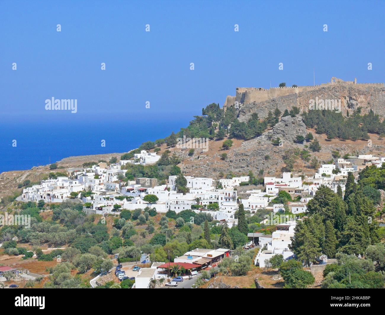 The  village of Lindos and Acropolis, Rhodos island, Greece Stock Photo
