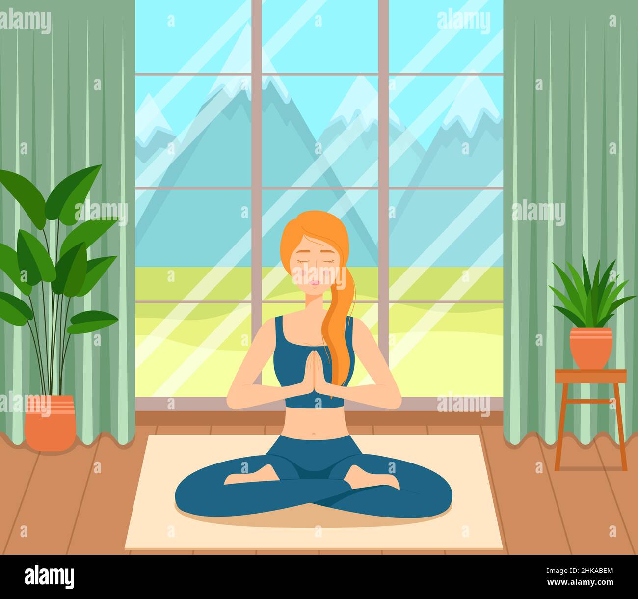 Girl sitting crossed legs in room, practicing yoga and meditation, vector illustration Stock Vector