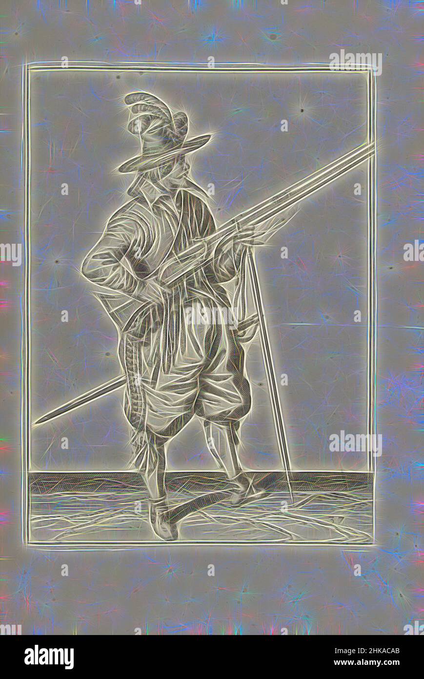 Inspired by Soldier on guard holding his musket by his right side angled upward, his finger on the trigger (no. 37), c. 1600, A soldier on guard, full-length, to the right, holding a musket (a certain type of firearm) by his right side, his right index finger on the trigger, his left hand around the, Reimagined by Artotop. Classic art reinvented with a modern twist. Design of warm cheerful glowing of brightness and light ray radiance. Photography inspired by surrealism and futurism, embracing dynamic energy of modern technology, movement, speed and revolutionize culture Stock Photo
