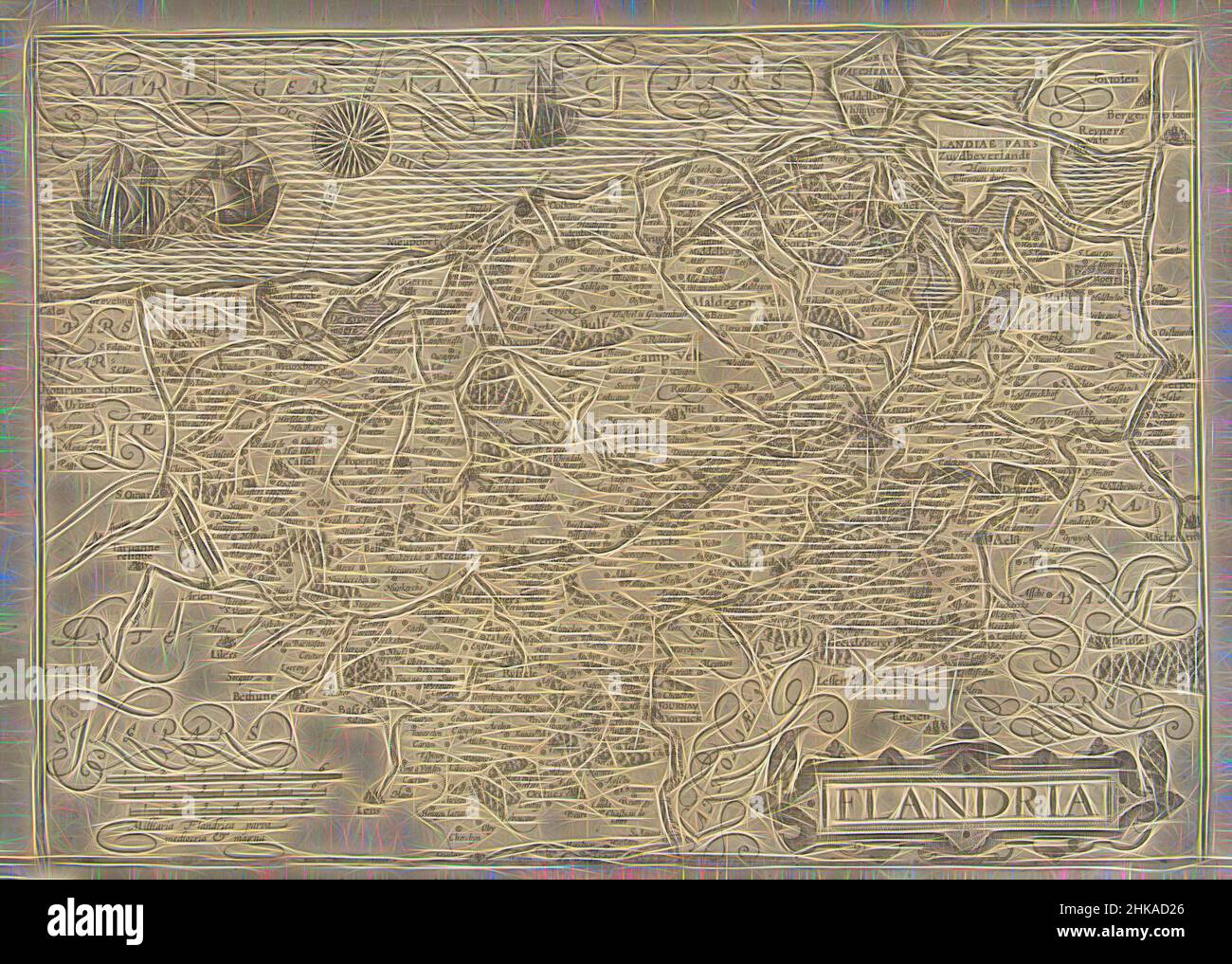 Inspired by Map of Flanders, ca. 1600, Flandria, Kurtze beschreibung der nechstehenden Mappen von Flandern, wor ein auch von den Stätten meldung gethan wirt, Map of Flanders, with inscriptions and the title in cartouche in Latin, ca. 1600. Part of a group of prints added to the illustrations for a, Reimagined by Artotop. Classic art reinvented with a modern twist. Design of warm cheerful glowing of brightness and light ray radiance. Photography inspired by surrealism and futurism, embracing dynamic energy of modern technology, movement, speed and revolutionize culture Stock Photo