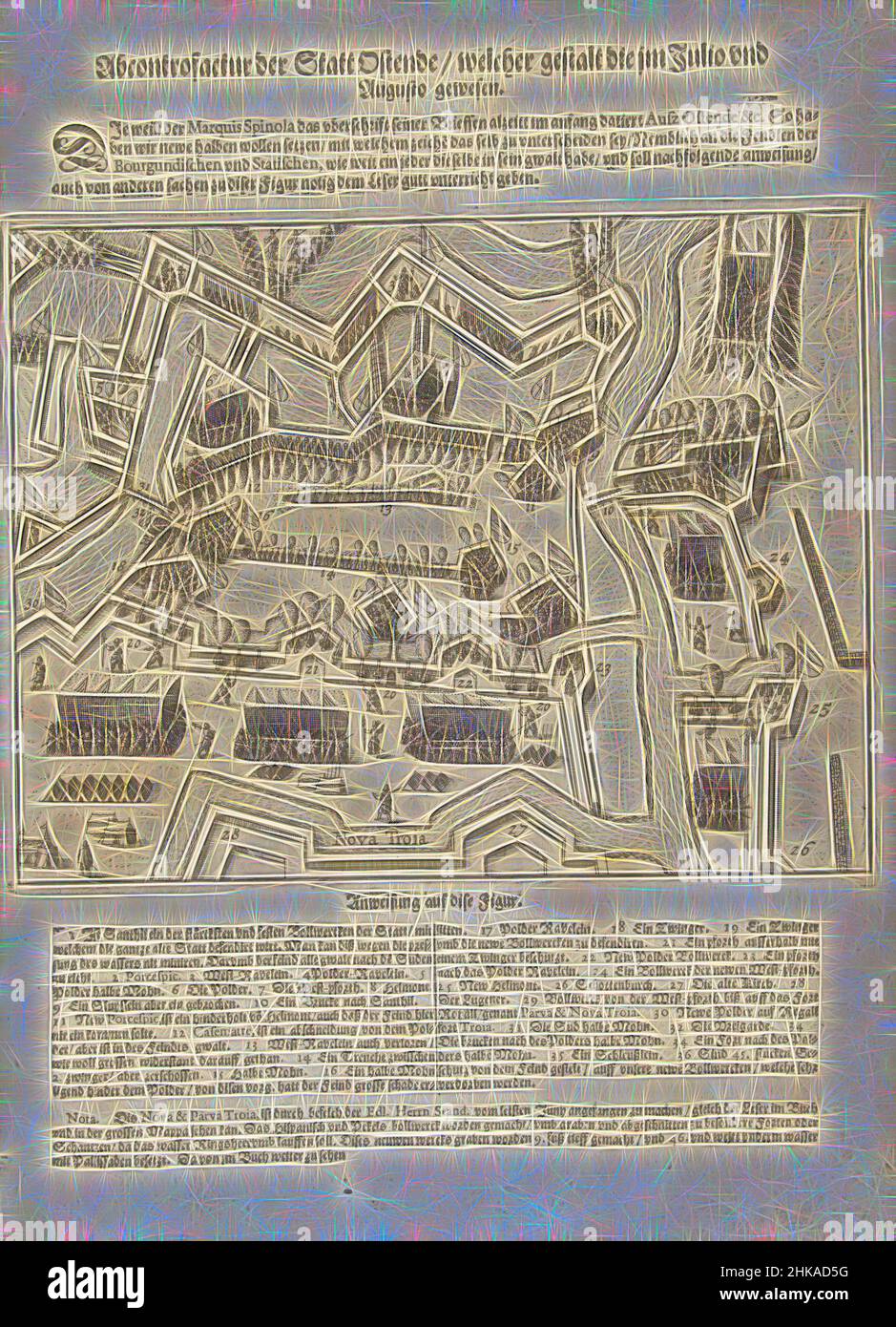 Inspired by Siege of Ostend: the cut-offs and the New Troy, 1604, Abcontroversy of the city of Ostende, welcher gestalt im Julio und Augusto gewesen, Siege of Ostend: the cut-offs and the New Troy, the situation in July-August 1604. Above the print the title, below the description in German. Part of, Reimagined by Artotop. Classic art reinvented with a modern twist. Design of warm cheerful glowing of brightness and light ray radiance. Photography inspired by surrealism and futurism, embracing dynamic energy of modern technology, movement, speed and revolutionize culture Stock Photo