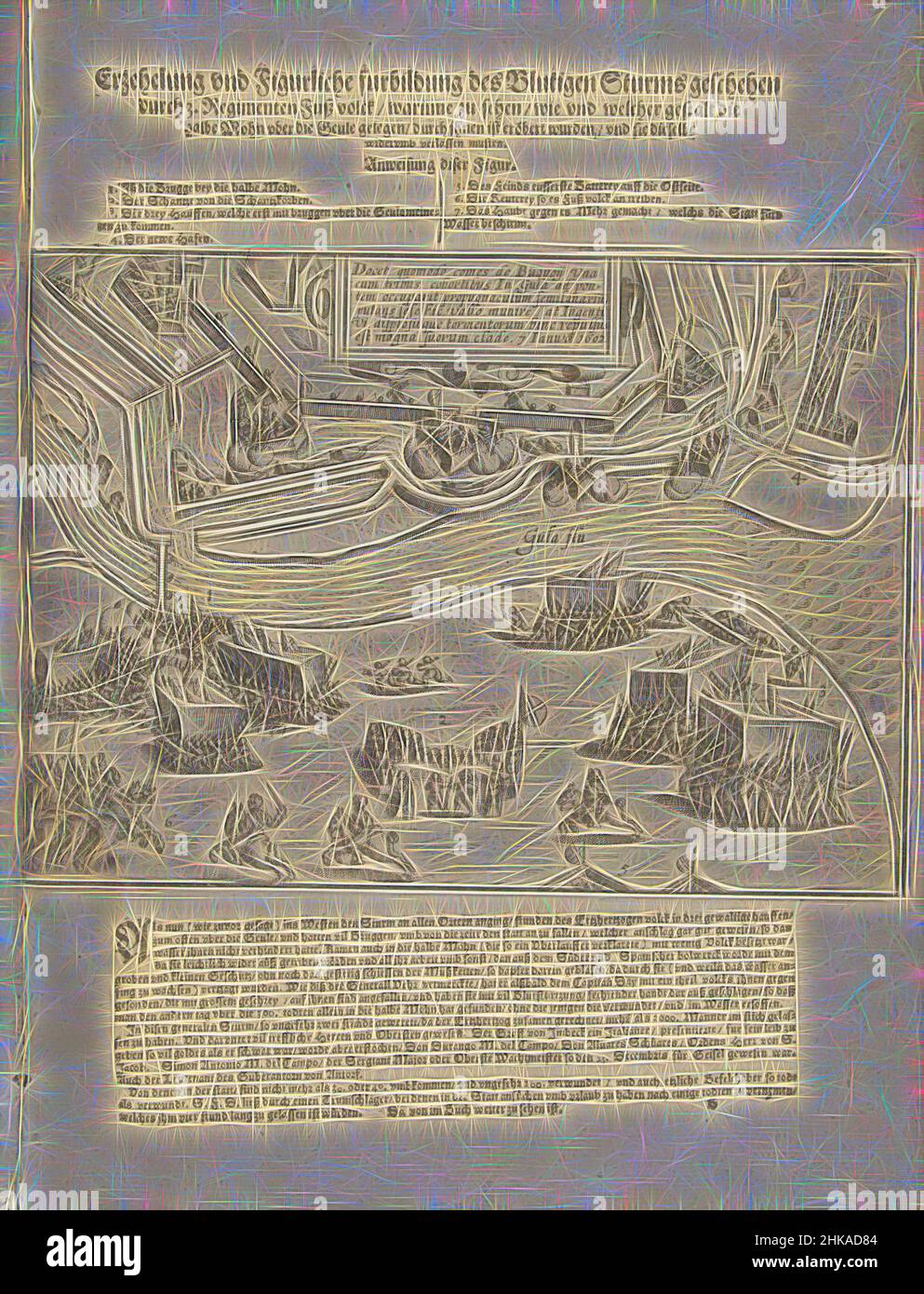 Inspired by Siege of Ostend: storming by Bucquoy on 7 January 1602, Erzehelung und Figurliche furbildung des Blutigen Sturms geschehen durch 3. Regimenten Fuß volck, warinne zu sehen, wie und welcher gestalt die halbe Mohn uber die Geule gelegen, durch inhen eröbert wurden, und sie dieselbe widerumb, Reimagined by Artotop. Classic art reinvented with a modern twist. Design of warm cheerful glowing of brightness and light ray radiance. Photography inspired by surrealism and futurism, embracing dynamic energy of modern technology, movement, speed and revolutionize culture Stock Photo