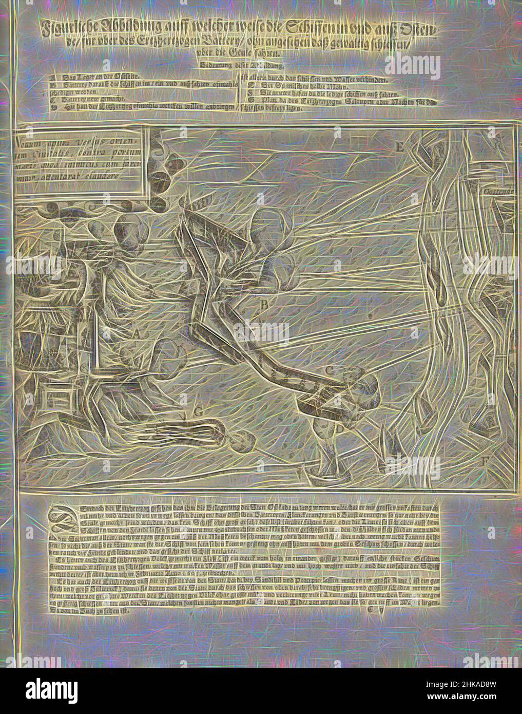 Inspired by Siege of Ostend: shelling of the ships supplying the city, 1603, Figurliche Abbildung auff welcher weise die Schiffen in und auß Ostende, fur uber des Ertzhertzogen Battery, ohn angesehen daß gewaltig schiessen, uber die Geule fahren, Heavy shelling from the Spanish forts of the State, Reimagined by Artotop. Classic art reinvented with a modern twist. Design of warm cheerful glowing of brightness and light ray radiance. Photography inspired by surrealism and futurism, embracing dynamic energy of modern technology, movement, speed and revolutionize culture Stock Photo