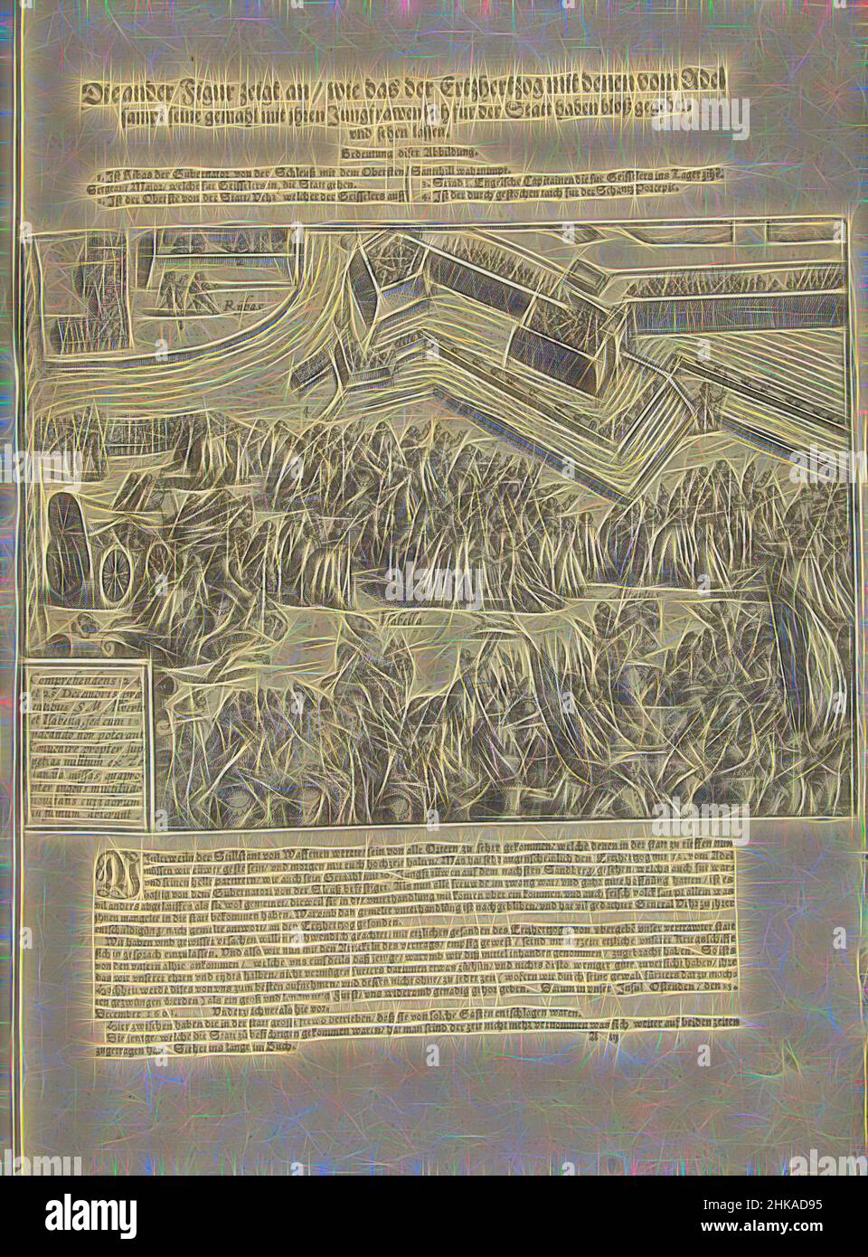 Inspired by Siege of Ostend: the armistice on December 24-25, 1601, Die ander Figur zeigt an, wie das der Ertzhertzog mit denen vom Adel sampt seine gemahl mit ihren Jungfrawen sich fur der Statt haben bloß gegeben und sehen lassen, The armistice on December 24-25, 1601. Isabella and Albrecht show, Reimagined by Artotop. Classic art reinvented with a modern twist. Design of warm cheerful glowing of brightness and light ray radiance. Photography inspired by surrealism and futurism, embracing dynamic energy of modern technology, movement, speed and revolutionize culture Stock Photo