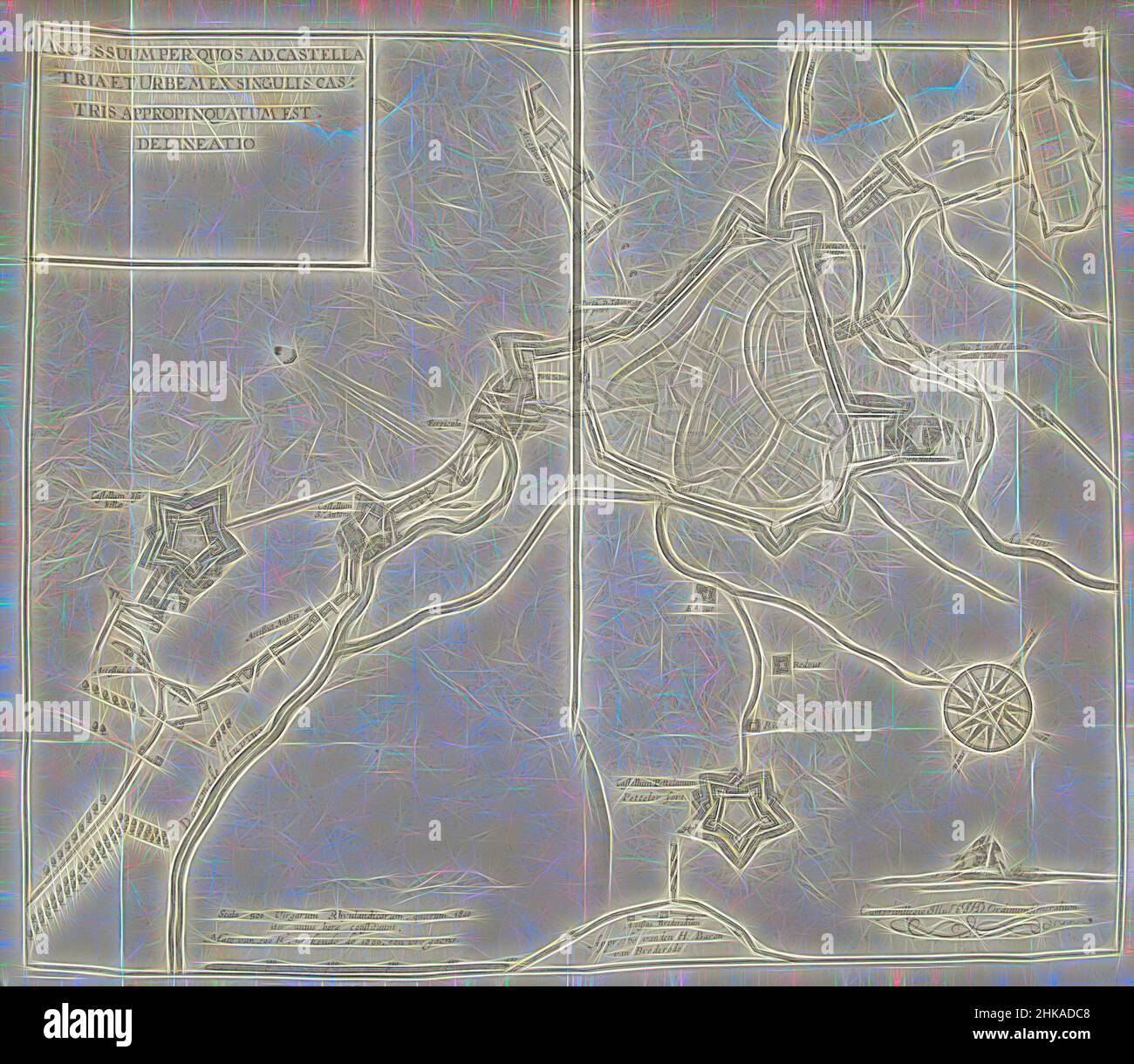 Inspired by Map of the siege of Den Bosch by Frederick Henry, 1629,  Accessuum per quos ad castella tria et urbem ex singulis castris  appropinquatum etching, delineatio, Map of Den Bosch and