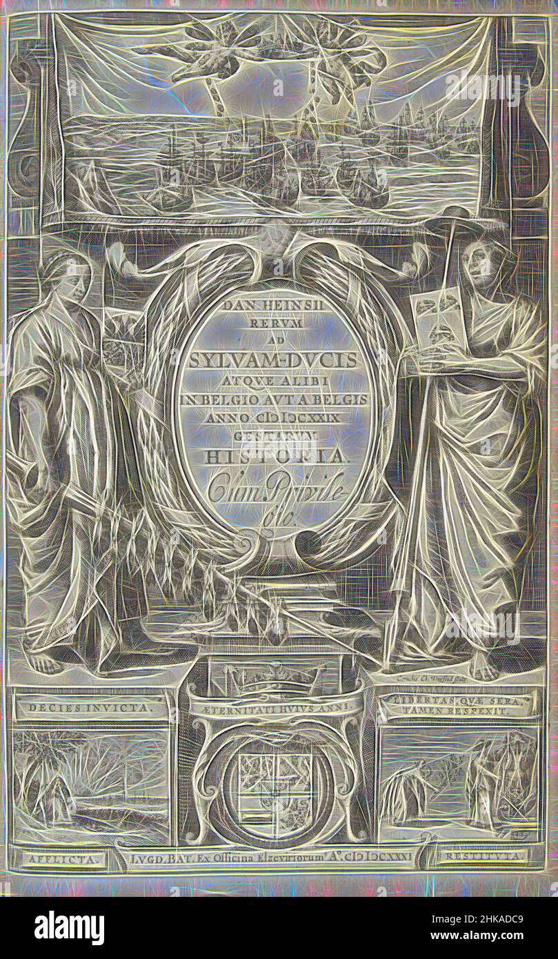 Inspired by Title page of Daniel Heinsius, Rerum ad Sylvam-Ducis atque alibi in Belgio aut a Belgio anno 1629 gestarum historia, 1631, Rerum ad Sylvam-Ducis atque alibi in Belgio aut a Belgio anno 1629 gestarum historia, Allegorical title page of Daniel Heinsius, Rerum ad Sylvam-Ducis atque alibi in, Reimagined by Artotop. Classic art reinvented with a modern twist. Design of warm cheerful glowing of brightness and light ray radiance. Photography inspired by surrealism and futurism, embracing dynamic energy of modern technology, movement, speed and revolutionize culture Stock Photo