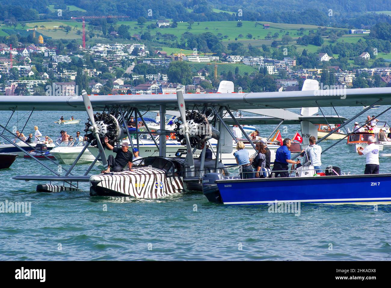 flying boat Sikorsky S 38 lands on Lake Zurich Stock Photo