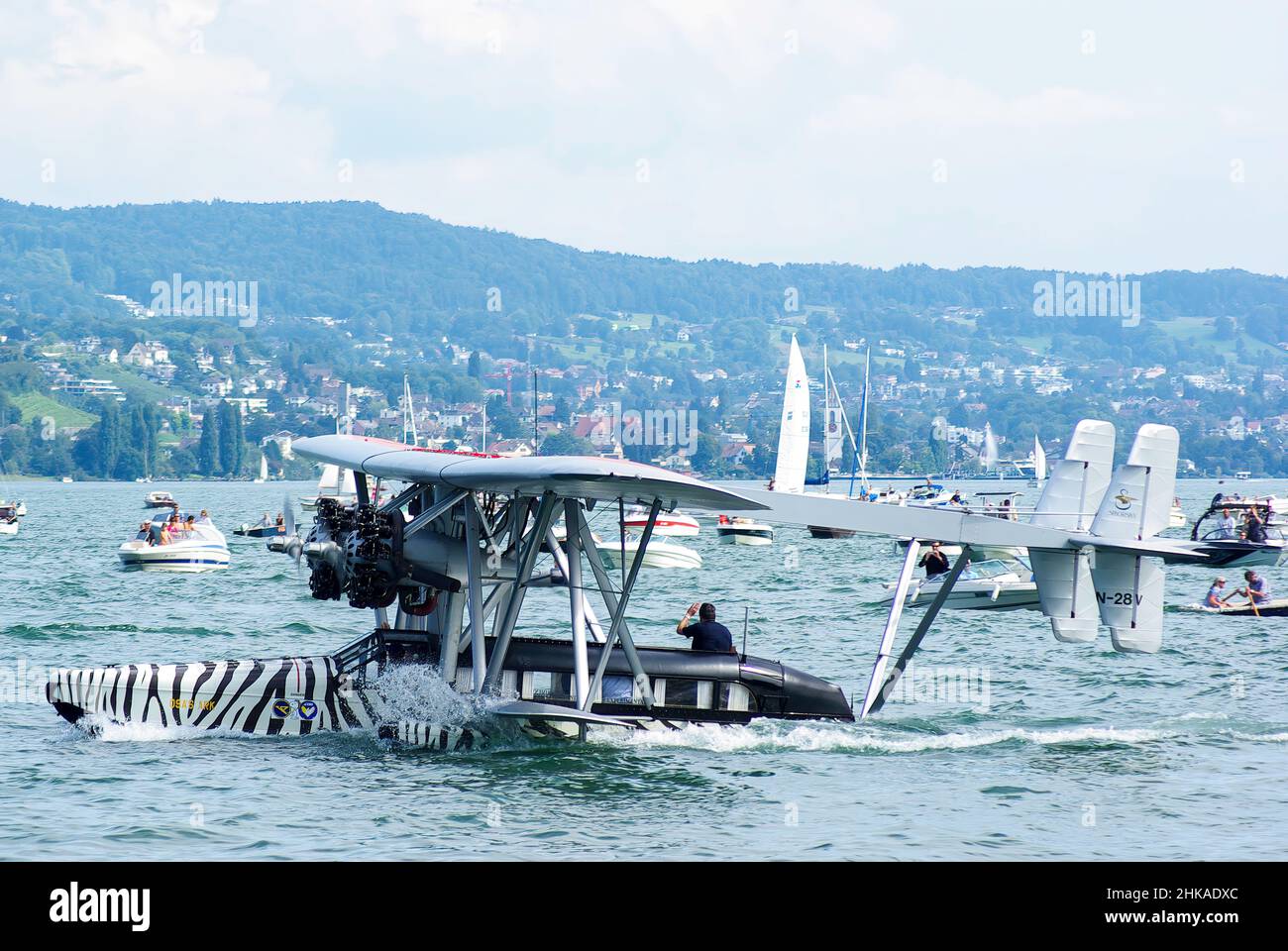 flying boat Sikorsky S 38 lands on Lake Zurich Stock Photo