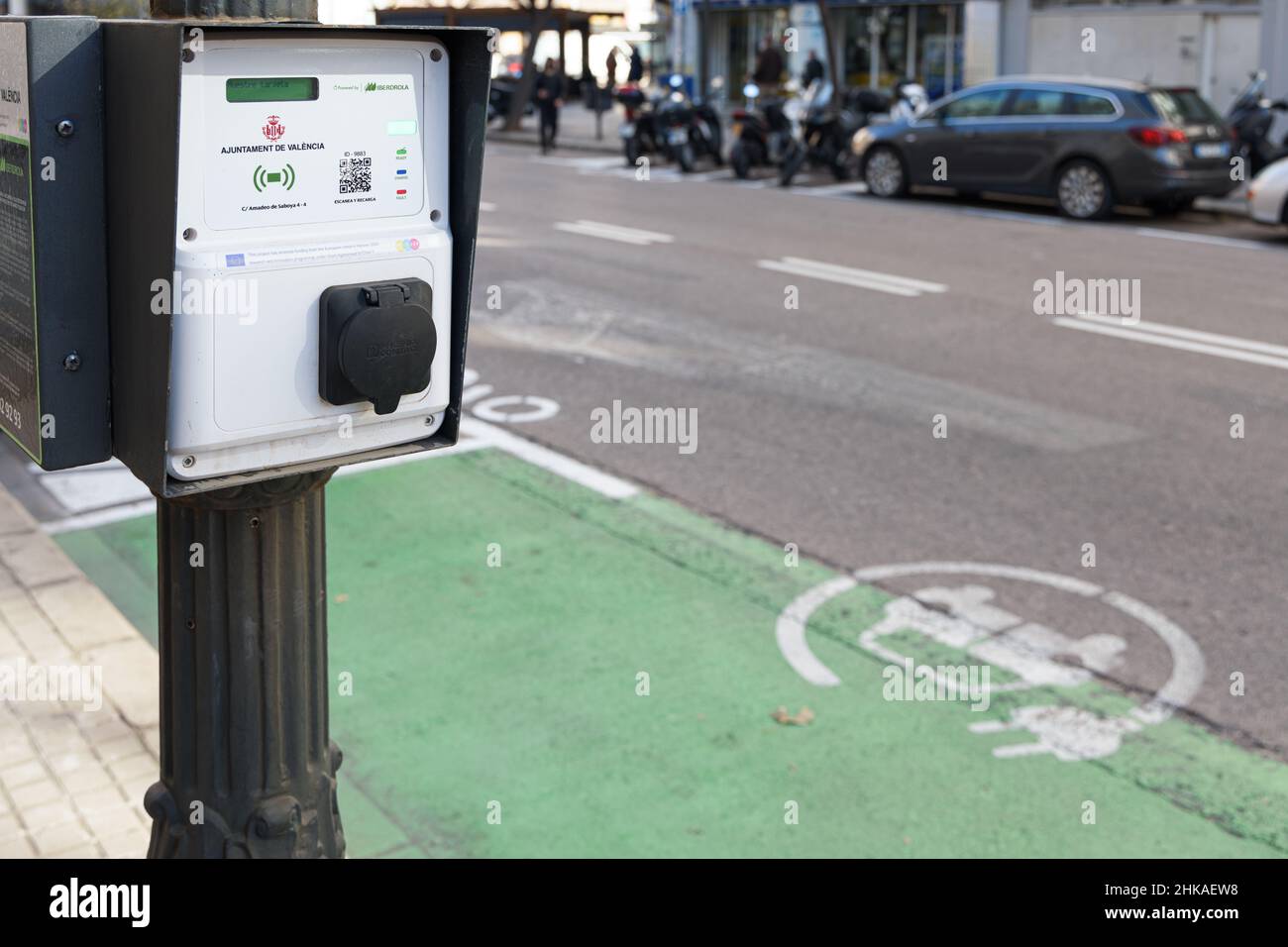 VALENCIA, SPAIN - FEBRUARY 02, 2022: Electric car charging station powered by Iberdrola in collaboration with Valencia Town Hall Stock Photo