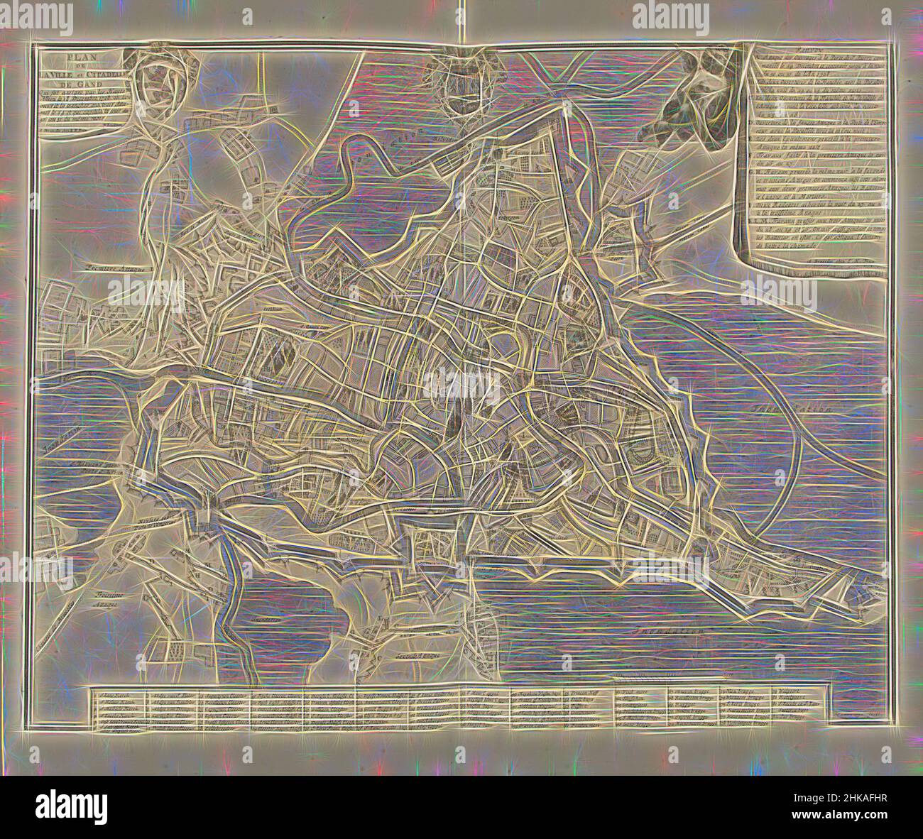 Inspired by Plan of Ghent, 1708, Plan de la Ville et Citadelle de Gand quit fut assiegee par les Hauts Alliez le 18. Decembre 1708 (...), Map of Ghent, besieged by the allies from December 18, surrender on December 30, 1708. Top right an angel holding a drapery with the legend of the siege works A-M, Reimagined by Artotop. Classic art reinvented with a modern twist. Design of warm cheerful glowing of brightness and light ray radiance. Photography inspired by surrealism and futurism, embracing dynamic energy of modern technology, movement, speed and revolutionize culture Stock Photo