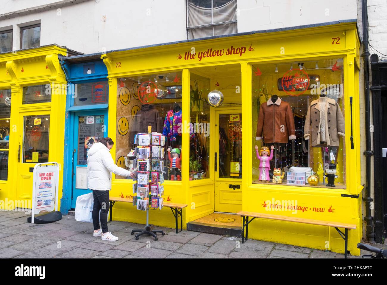Views around the City of Bath, Somerset, UK. The Little Yellow shop on Walcot St. Home of many independent shops. Stock Photo