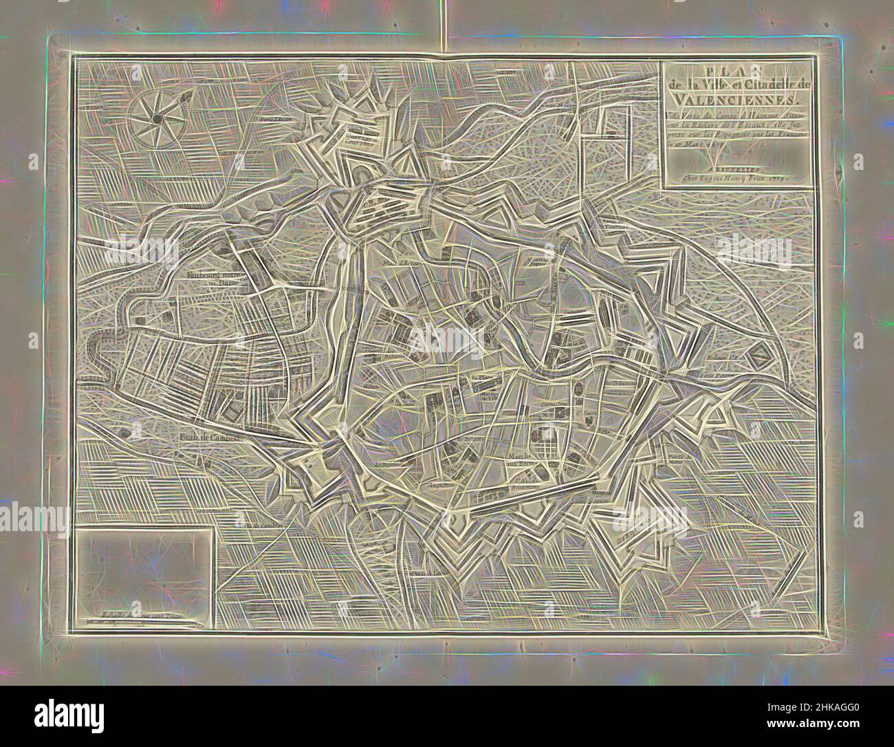 Inspired by Map of Valenciennes, 1709, Plan de la Ville et Citadelle de Valenciennes, Map of Valenciennes, 1709. Part of a bundled collection of plans of battles and cities renowned in the War of the Spanish Succession., print maker: Jacobus Harrewijn, publisher: Eugene Henry Fricx, Brussels, 1709, Reimagined by Artotop. Classic art reinvented with a modern twist. Design of warm cheerful glowing of brightness and light ray radiance. Photography inspired by surrealism and futurism, embracing dynamic energy of modern technology, movement, speed and revolutionize culture Stock Photo