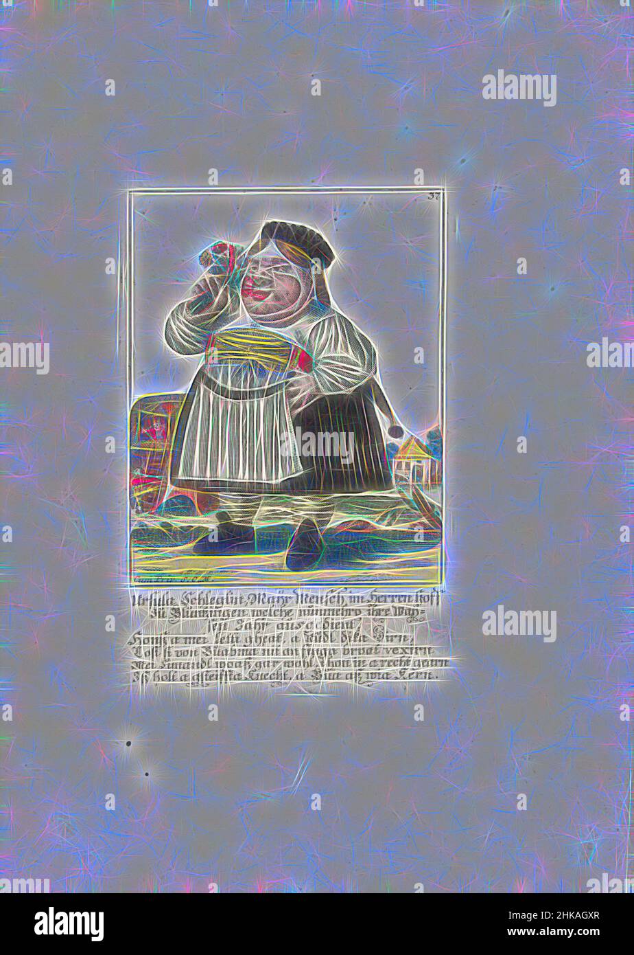 Inspired by The dwarf Ursula Schleglin, c. 1710, Ursula Schleglin, Maijr Mensch im Herren hoff zu Bluntzingen welche nunmehro ihre Waijsen Jahr ausgedient, Il Callotto resurcitato oder Neu eingerichtes Zwerchen Cabinet, The dwarf Ursula Schleglin as a peasant woman. In the caption below the title, a, Reimagined by Artotop. Classic art reinvented with a modern twist. Design of warm cheerful glowing of brightness and light ray radiance. Photography inspired by surrealism and futurism, embracing dynamic energy of modern technology, movement, speed and revolutionize culture Stock Photo