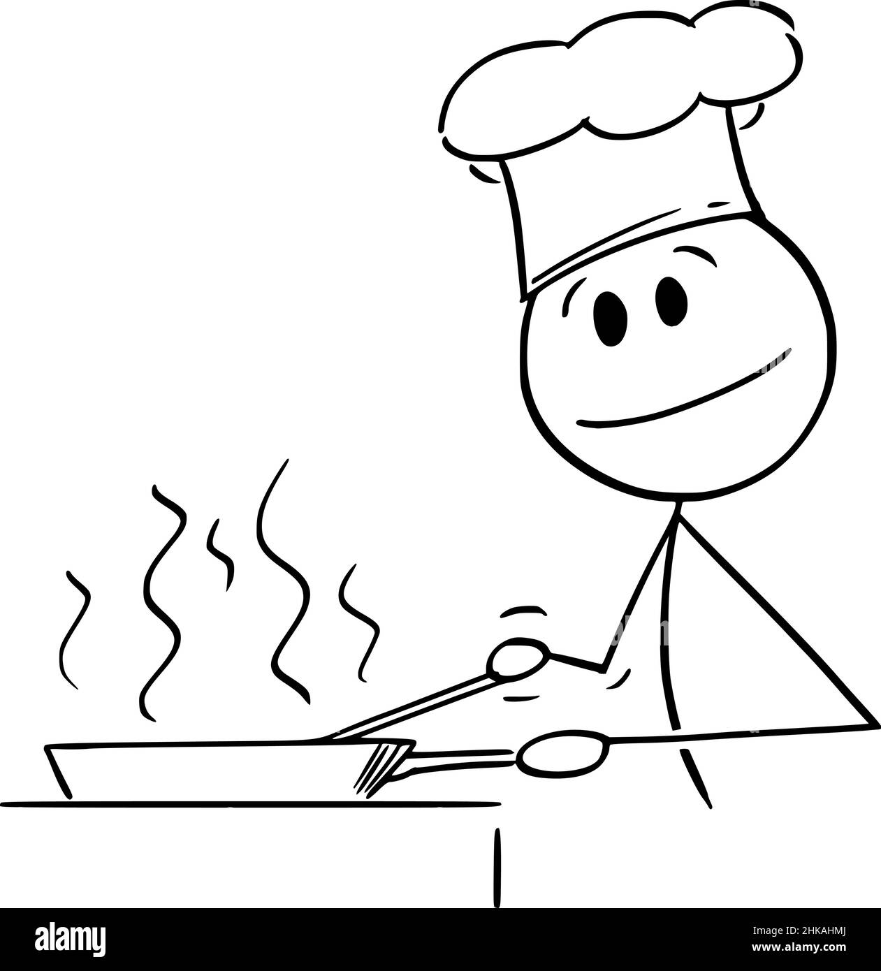 Cook Cooking Food in Frying Pan, Vector Cartoon Stick Figure Illustration Stock Vector