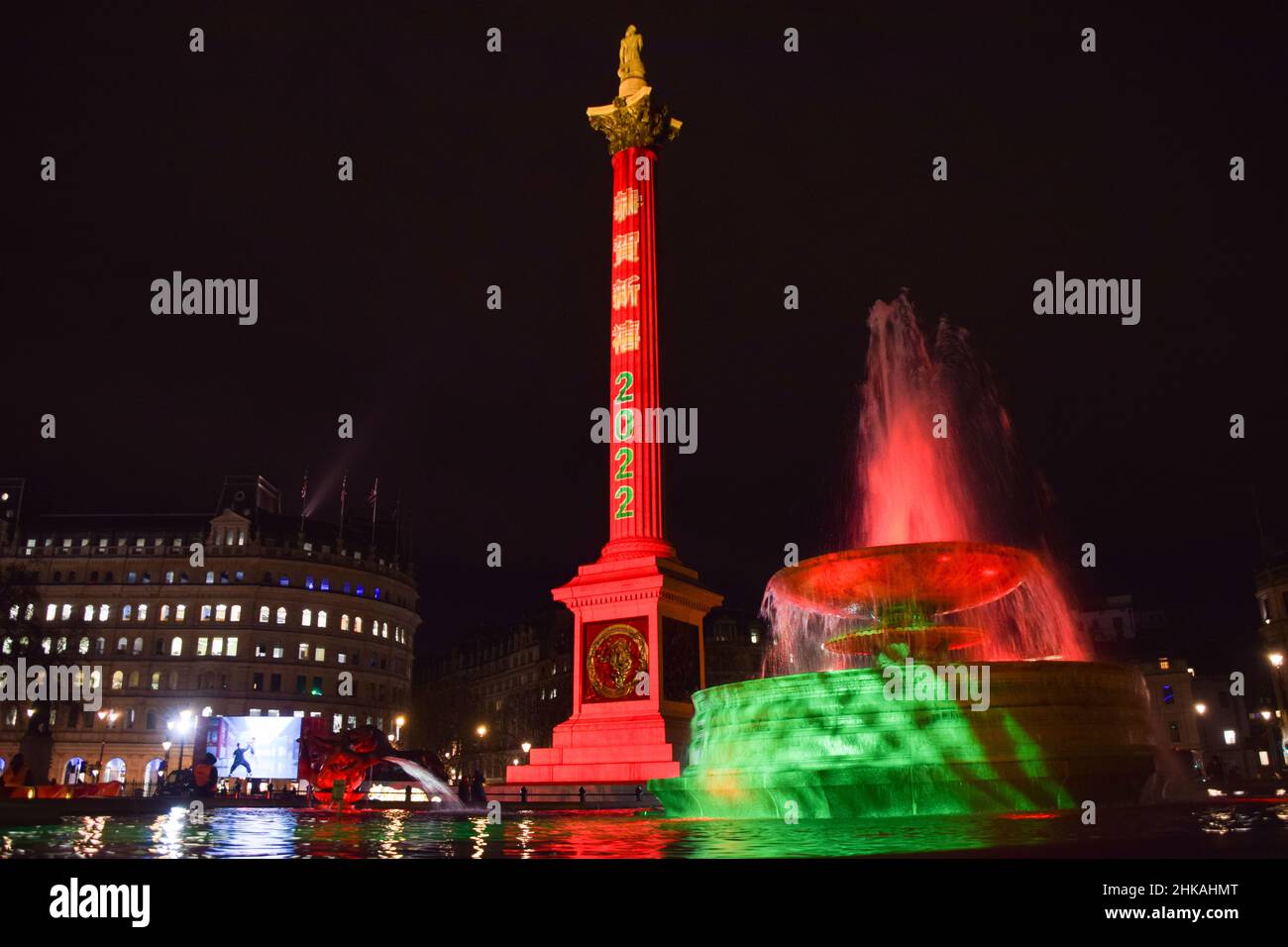 London, UK 31st January 2022. '2022' is projected onto Nelson's Column in Trafalgar Square in celebration of Chinese New Year. This year marks the Year of the Tiger. Stock Photo