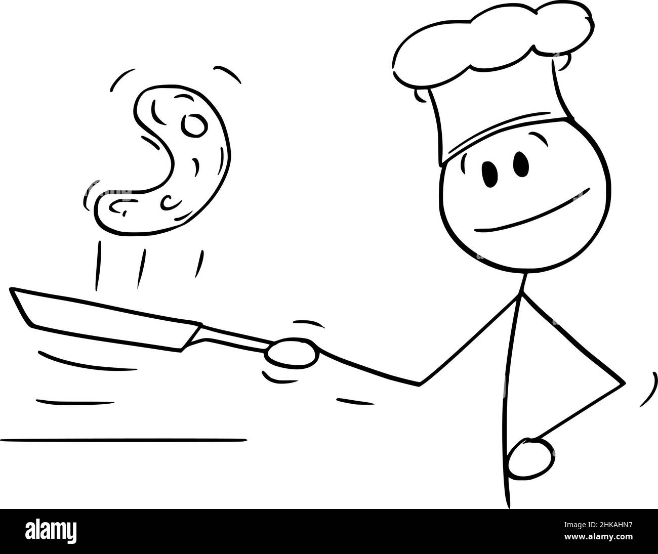 Cook Cooking Pancake in Frying Pan, Vector Cartoon Stick Figure Illustration Stock Vector