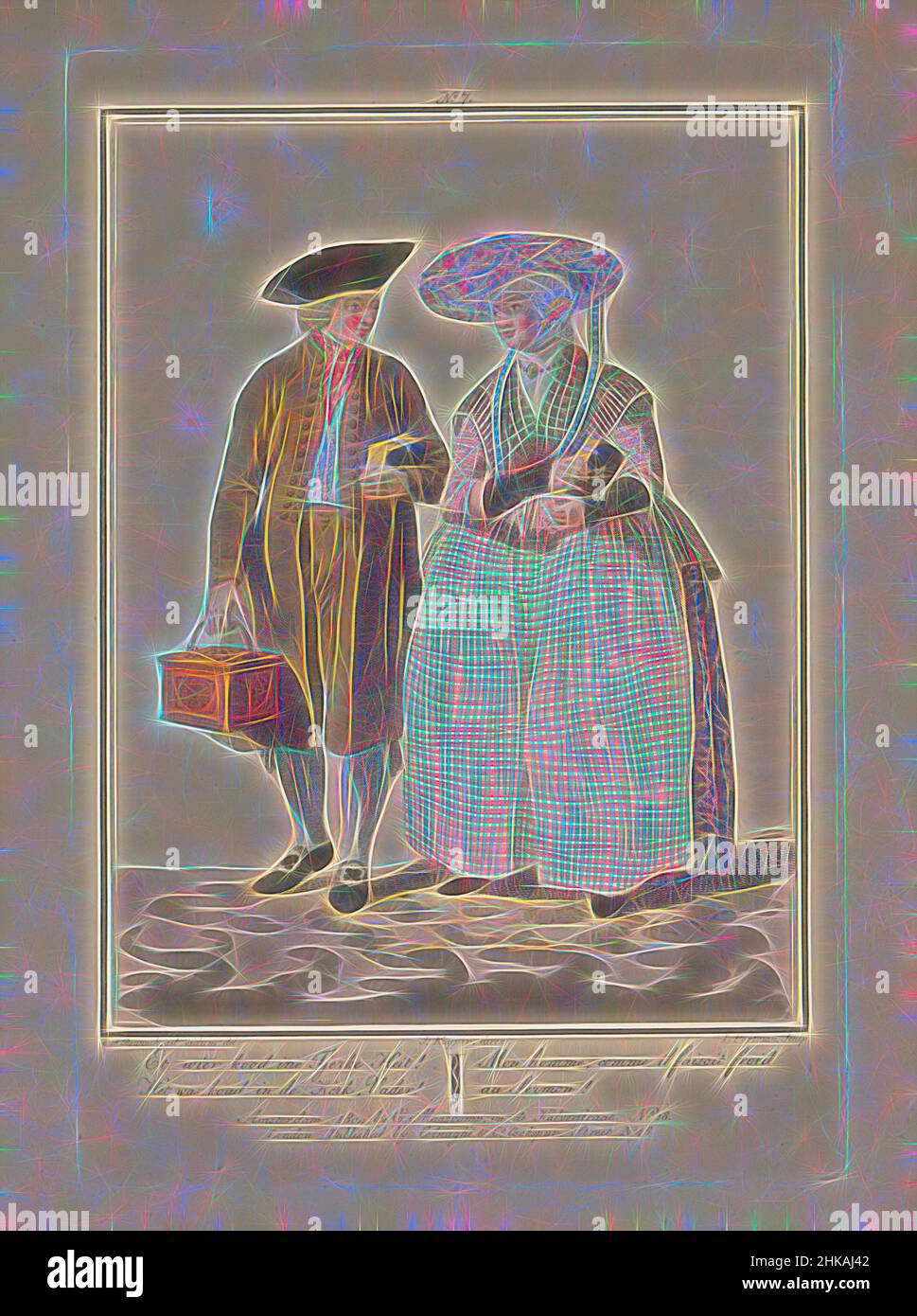 Inspired by Fishing couple from Friesland, Et wier kood ine Tjerke Heit ! It was cold in the Church, Father !, Mon homme, comme il faisoit froid au Sermon!, A Frisian boatman and his wife coming out of church with Bibles in hand. The man is also carrying a stove. Second installment of four plates, Reimagined by Artotop. Classic art reinvented with a modern twist. Design of warm cheerful glowing of brightness and light ray radiance. Photography inspired by surrealism and futurism, embracing dynamic energy of modern technology, movement, speed and revolutionize culture Stock Photo