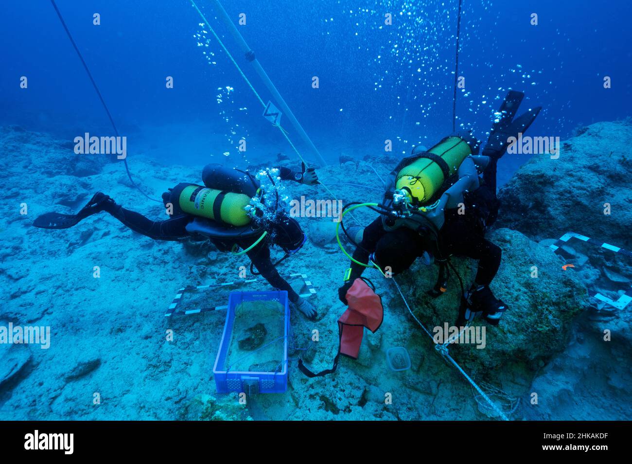 Underwater archaeologists digging BC 2nd century shipwreck in Bozburun Marmaris Turkey. Stock Photo