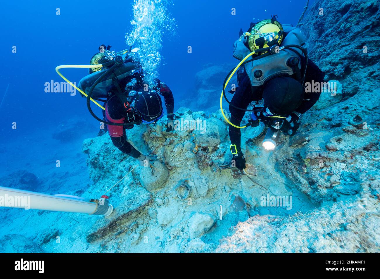 Underwater archaeologists digging BC 2nd century shipwreck in Bozburun Marmaris Turkey. Stock Photo