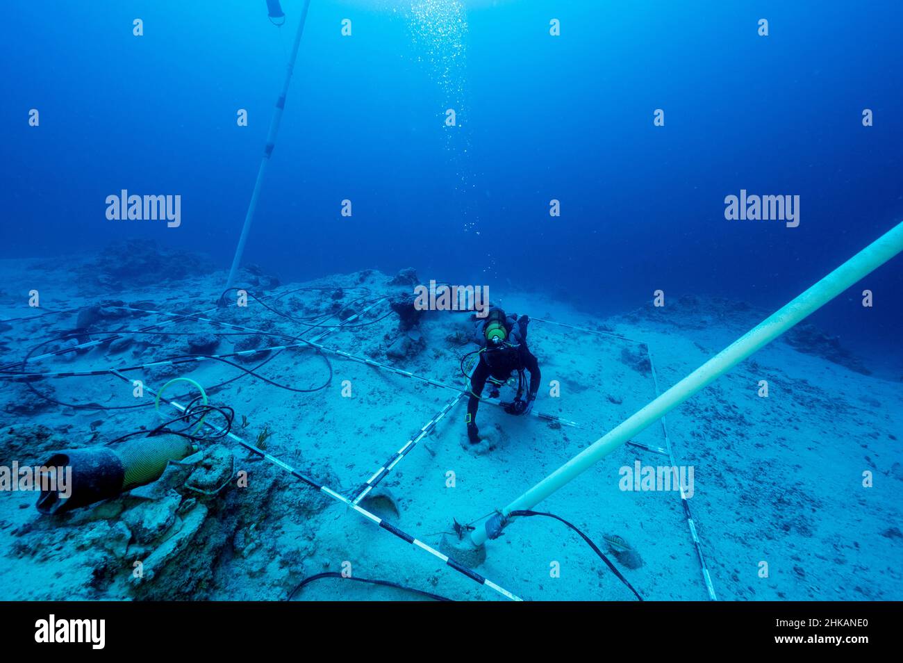 Underwater archaeologists digging BC 2nd century shipwreck in Bozburun Marmaris Turkey. Stock Photo