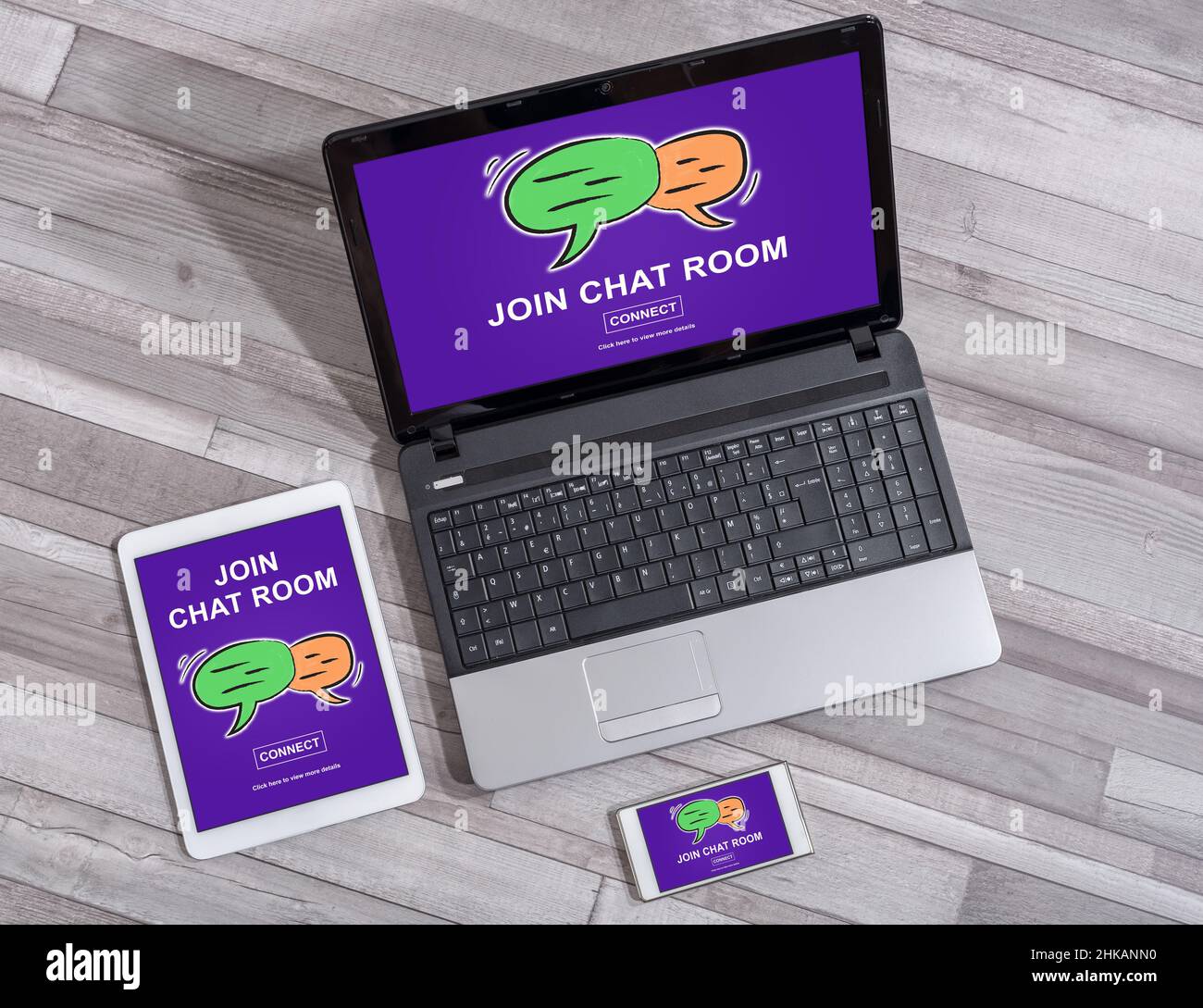 Chat room concept shown on different information technology devices Stock Photo
