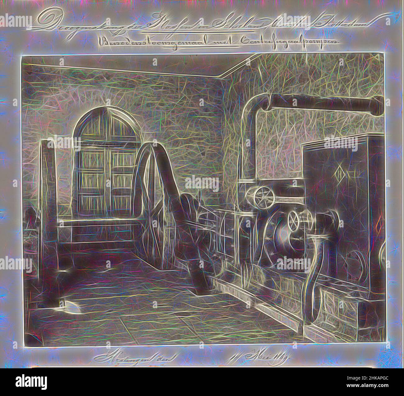 Inspired by Benedenstoomgemaal met Centrifugaalpompen, Kralingen den 14 Mei 1869, Droogmaking der Plassen in Schieland beoosten Rotterdam, Steam pumping station at Kralingen on 14 May 1869. Part of a series of ten photographs of the 1867-1869 reclamation of the ponds in Schieland east of Rotterdam, Reimagined by Artotop. Classic art reinvented with a modern twist. Design of warm cheerful glowing of brightness and light ray radiance. Photography inspired by surrealism and futurism, embracing dynamic energy of modern technology, movement, speed and revolutionize culture Stock Photo