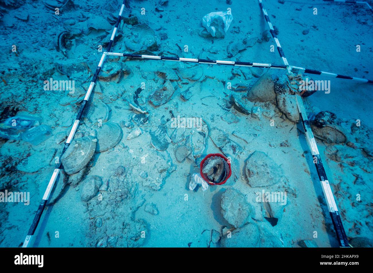 Underwater archaeologists digging BC 2nd century shipwreck in Bozburun Marmaris Turkey. Stock Photo