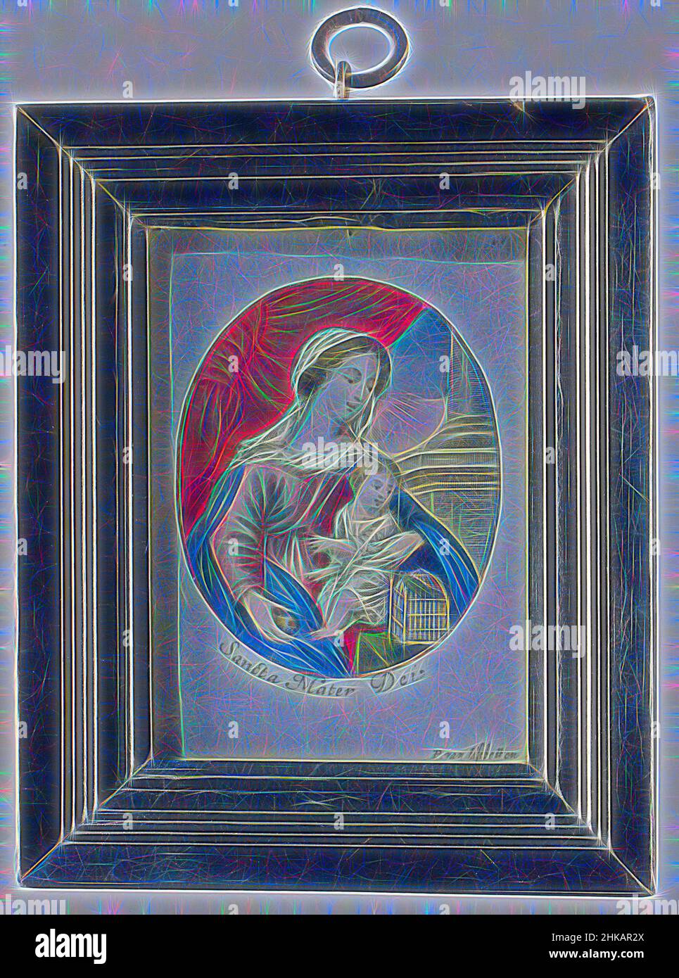 Inspired by Print depicting Mary with child, Print, oval engraving on parchment, colored with gouache and gold paint, depicting Mary with child seated at a table with birdcage. A red curtain in the background on the left, column bases on the right. Enclosed behind glass in a simple profiled frame of, Reimagined by Artotop. Classic art reinvented with a modern twist. Design of warm cheerful glowing of brightness and light ray radiance. Photography inspired by surrealism and futurism, embracing dynamic energy of modern technology, movement, speed and revolutionize culture Stock Photo
