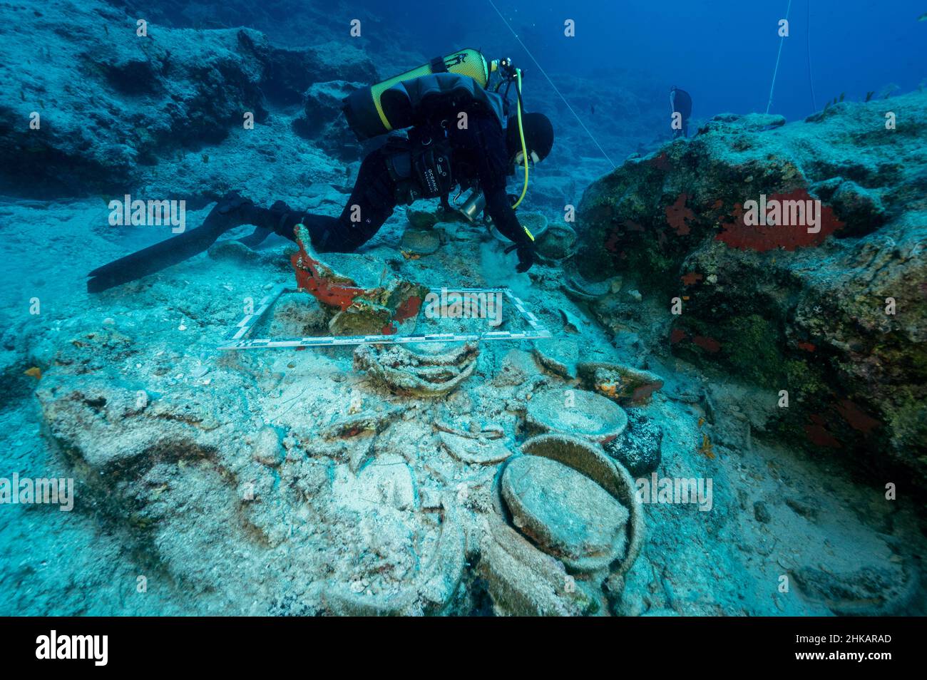 Underwater archaeologists digging BC 2nd century shipwreck in Bozburun Marmaris Turkey. Stock Photo