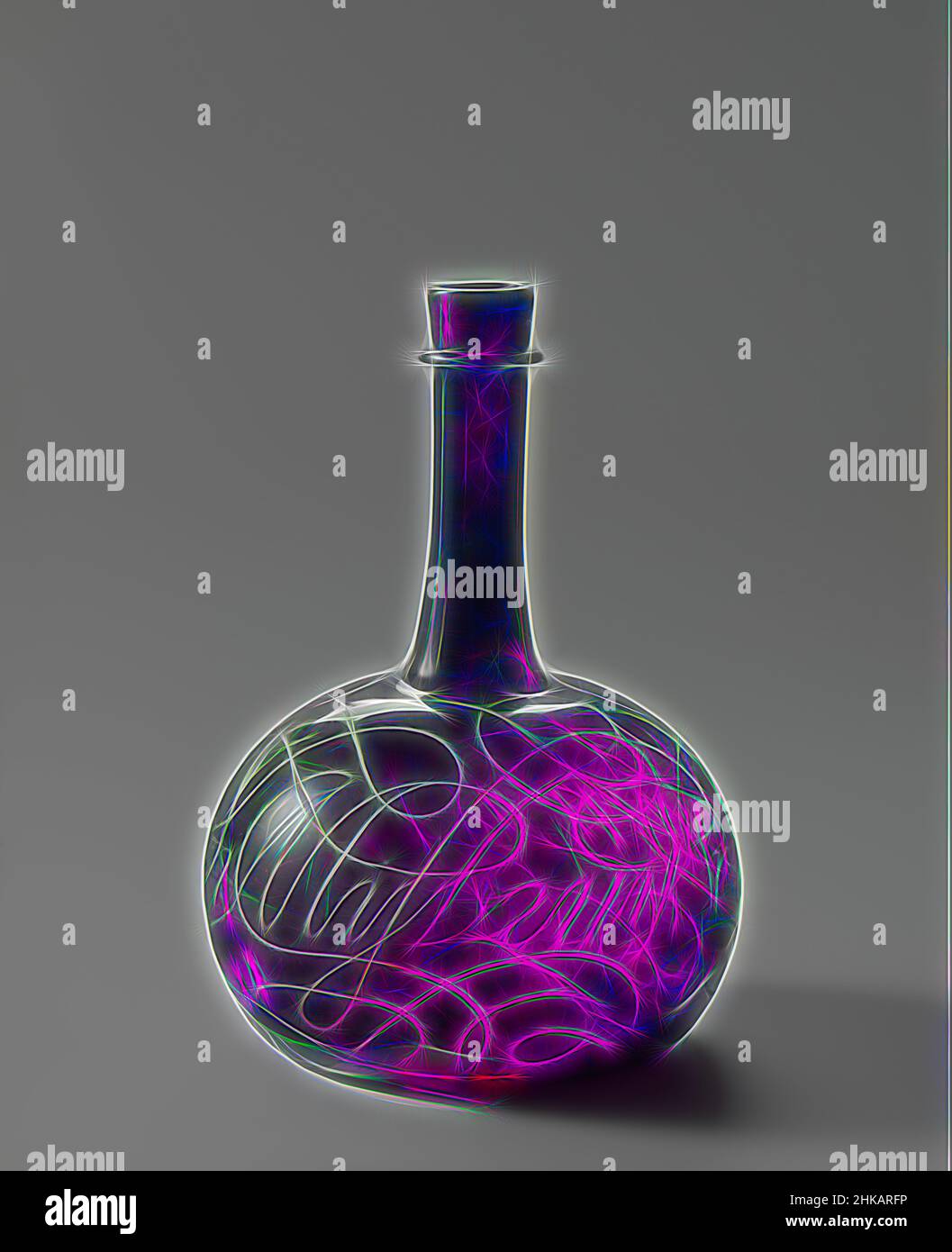 Inspired by Bottle, Bottle inscribed, Abuse of wyn.is Soul phenine, Bottle of purple glass with soul inserted. Spherical body, transitioning to a slender neck, which has a ring at the top. On the body is calligraphed in Italian script 'Abuse of wyn.is Soul-phen.' On the bottom around the pontil mark, Reimagined by Artotop. Classic art reinvented with a modern twist. Design of warm cheerful glowing of brightness and light ray radiance. Photography inspired by surrealism and futurism, embracing dynamic energy of modern technology, movement, speed and revolutionize culture Stock Photo