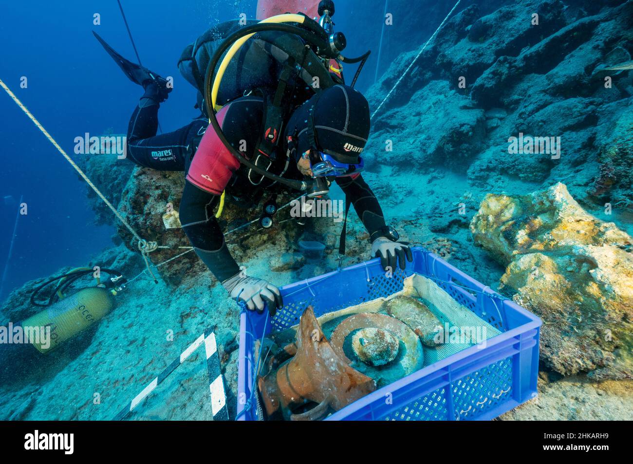 Underwater archaeologists digging BC 2nd century shipwreck in Bozburun Marmaris Turkey. Stock Photo