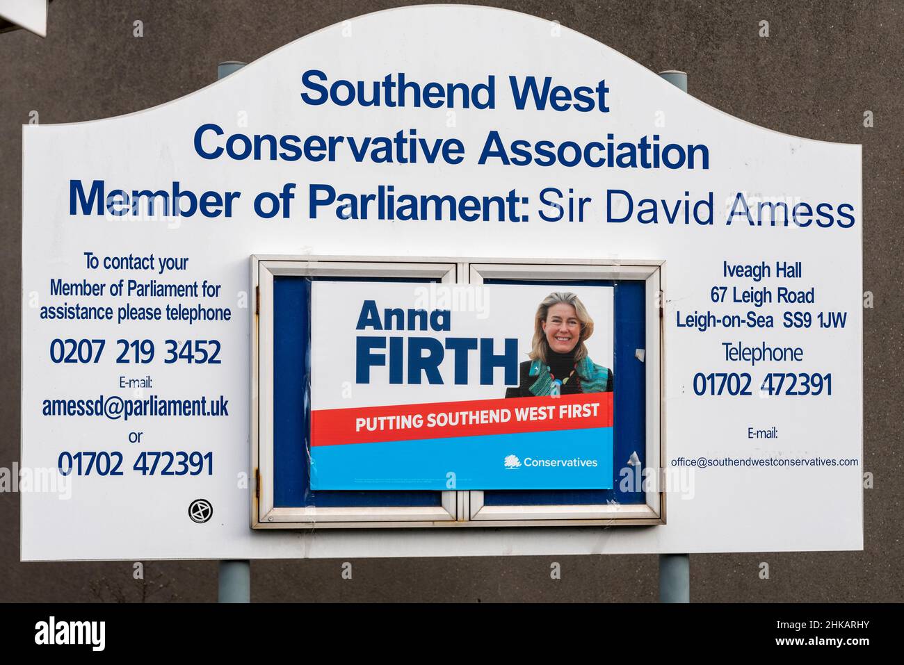 Southend on Sea, Essex, UK. 3rd Feb, 2022. Polling stations in local churches and schools have opened for voters in the Southend West by-election to replace murdered MP Sir David Amess. Although the main parties stood aside to allow the Conservative candidate Anna Firth to take the seat unopposed, a number of other parties are standing, including UKIP, Freedom Alliance, English Democrats, English Constitution Party and Independents. Conservative Association Iveagh Hall campaign centre, Leigh Road, Leigh on Sea Stock Photo