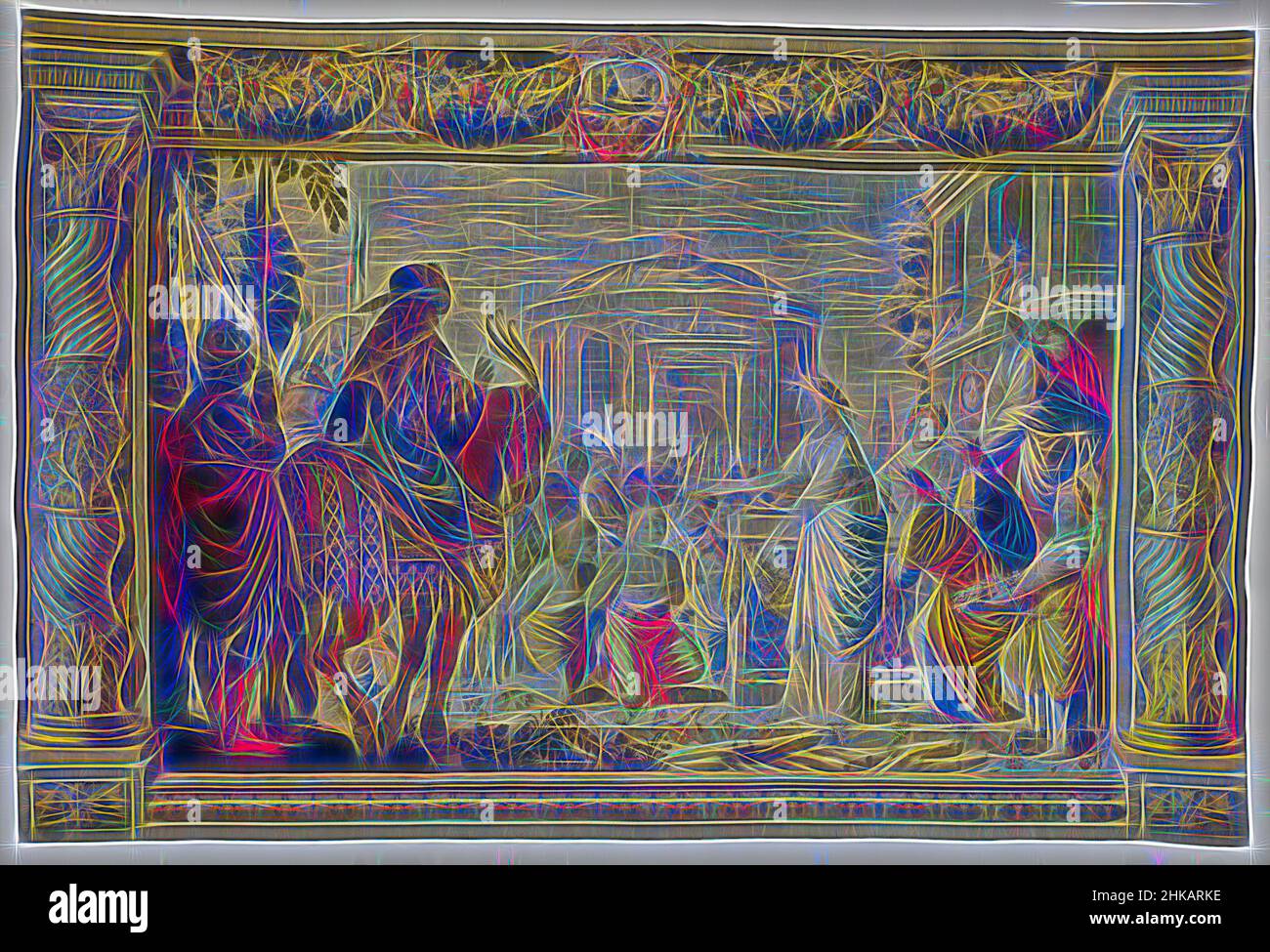Inspired by Orestes and Pylades before Iphigenia, The History of Iphigenia and Orestes, Tapestry with King Thoas of Tauris ordering Iphigeneia to sacrifice the captured Orestes and Pylades to Artemis; from a series of five tapestries with representations borrowed from Iphigeneia on Tauris by, Reimagined by Artotop. Classic art reinvented with a modern twist. Design of warm cheerful glowing of brightness and light ray radiance. Photography inspired by surrealism and futurism, embracing dynamic energy of modern technology, movement, speed and revolutionize culture Stock Photo