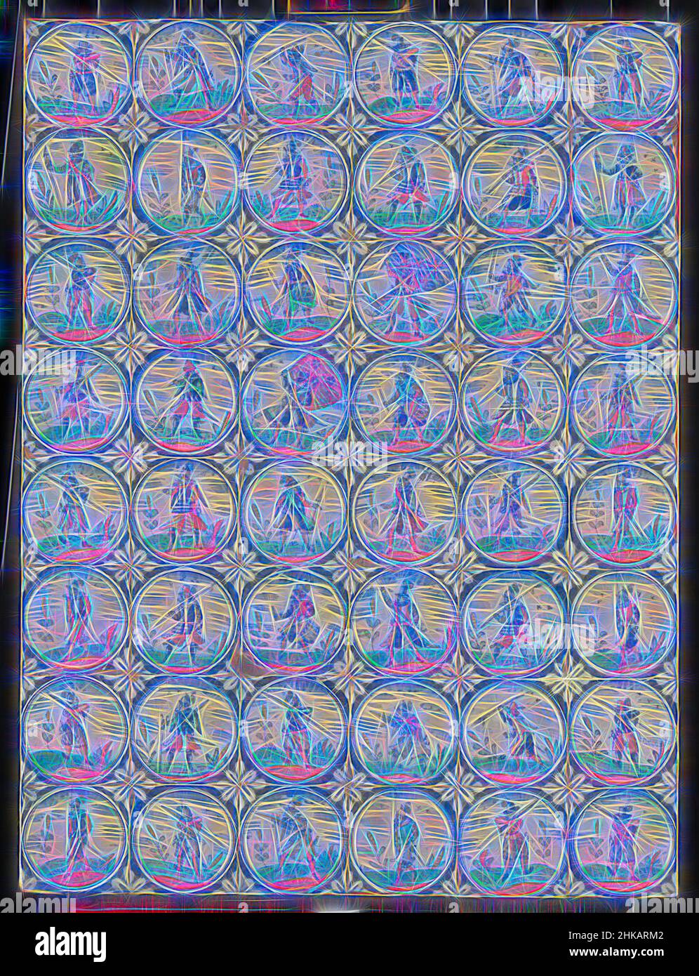 Inspired by Field of forty-eight multicolored painted tiles with a warrior with musket or halberd within a circle, Field of forty-eight tiles (8 x 6) each with a multicolored (blue, orange, green, yellow and purple) warrior with musket or halberd within a circle frame. In the corners, leaves in, Reimagined by Artotop. Classic art reinvented with a modern twist. Design of warm cheerful glowing of brightness and light ray radiance. Photography inspired by surrealism and futurism, embracing dynamic energy of modern technology, movement, speed and revolutionize culture Stock Photo