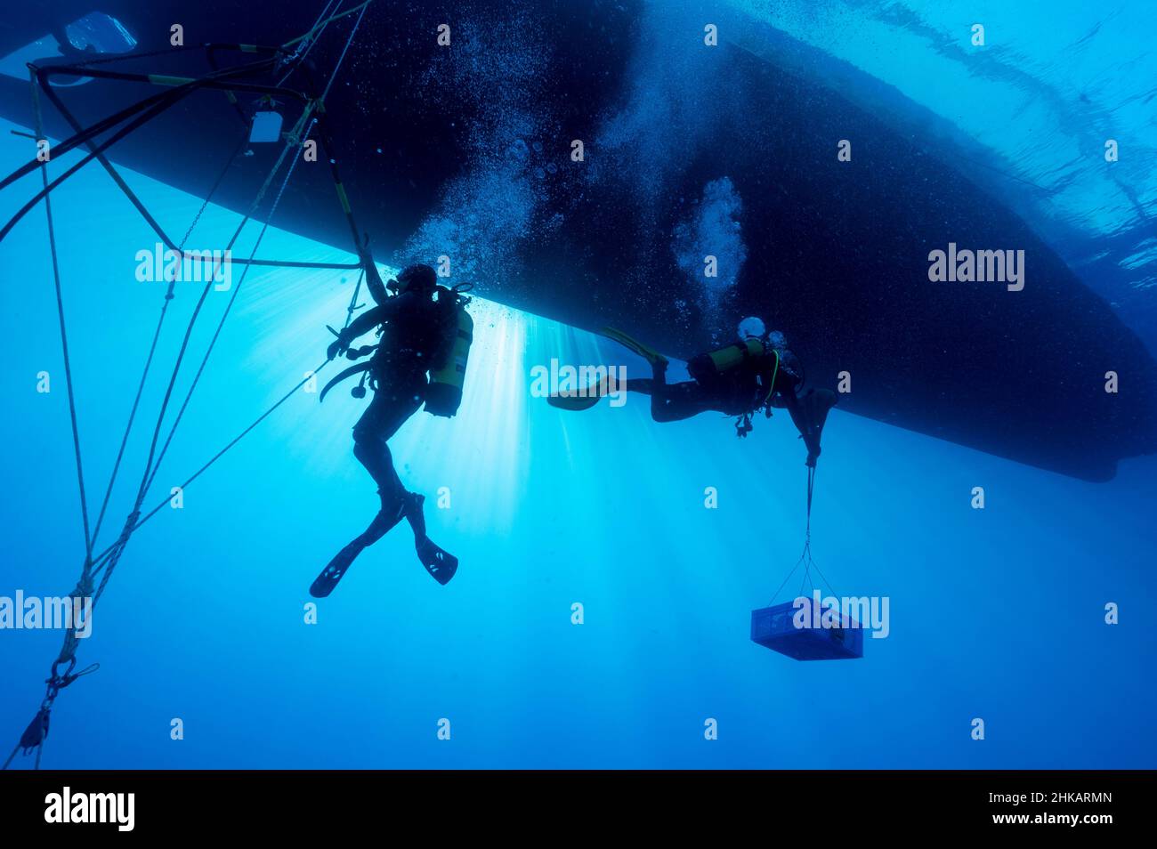 Underwater archaeologists digging BC 2nd century shipwreck in Bozburun Marmaris Turkey. Stock Photo