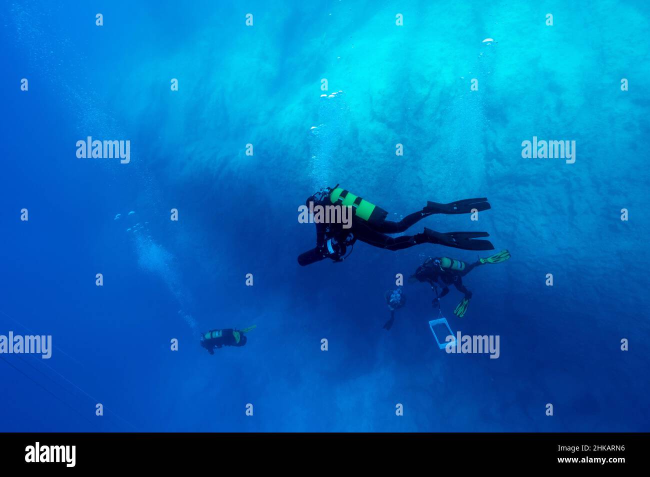 Underwater archaeologists digging BC 2nd century shipwreck in Bozburun Marmaris Turkey. Stock Photo